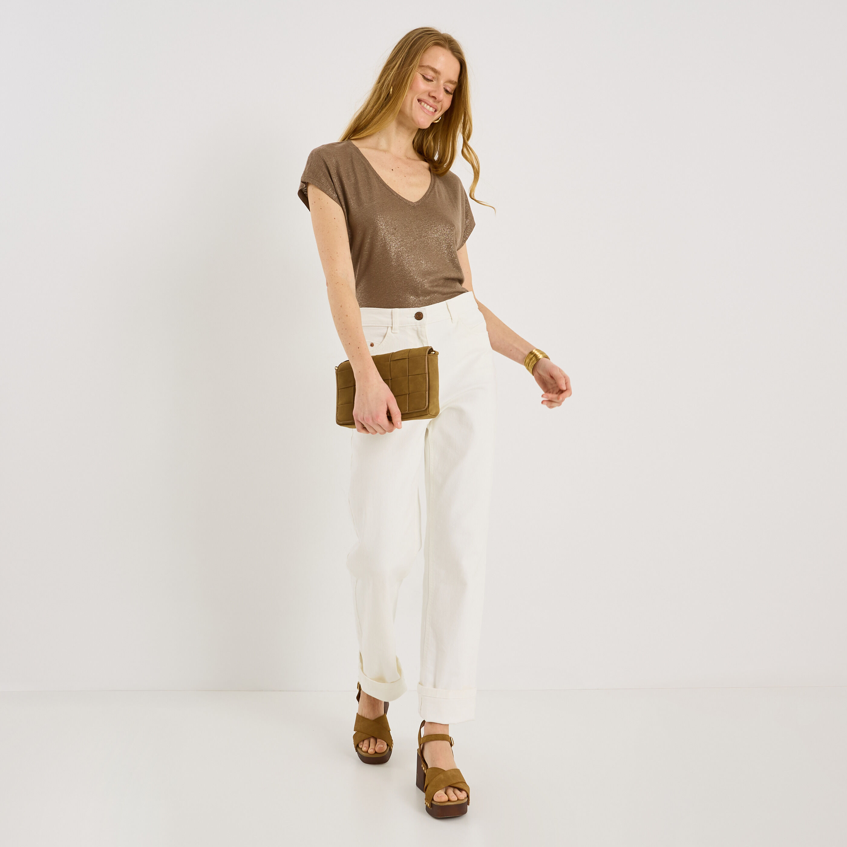 T-shirt en lin m&eacute;lang&eacute; brillant femme