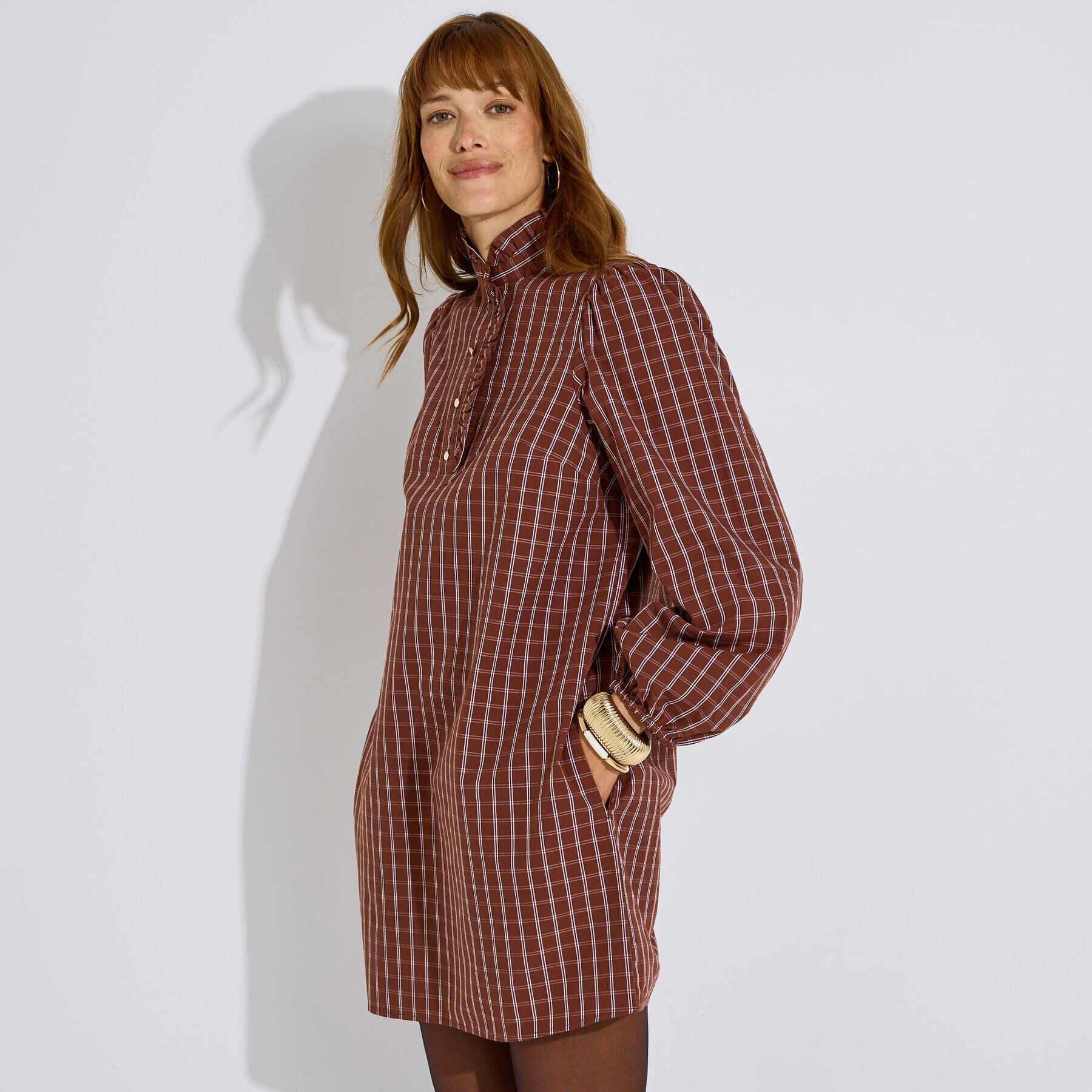Robe courte &agrave; carreaux col volant&eacute; femme