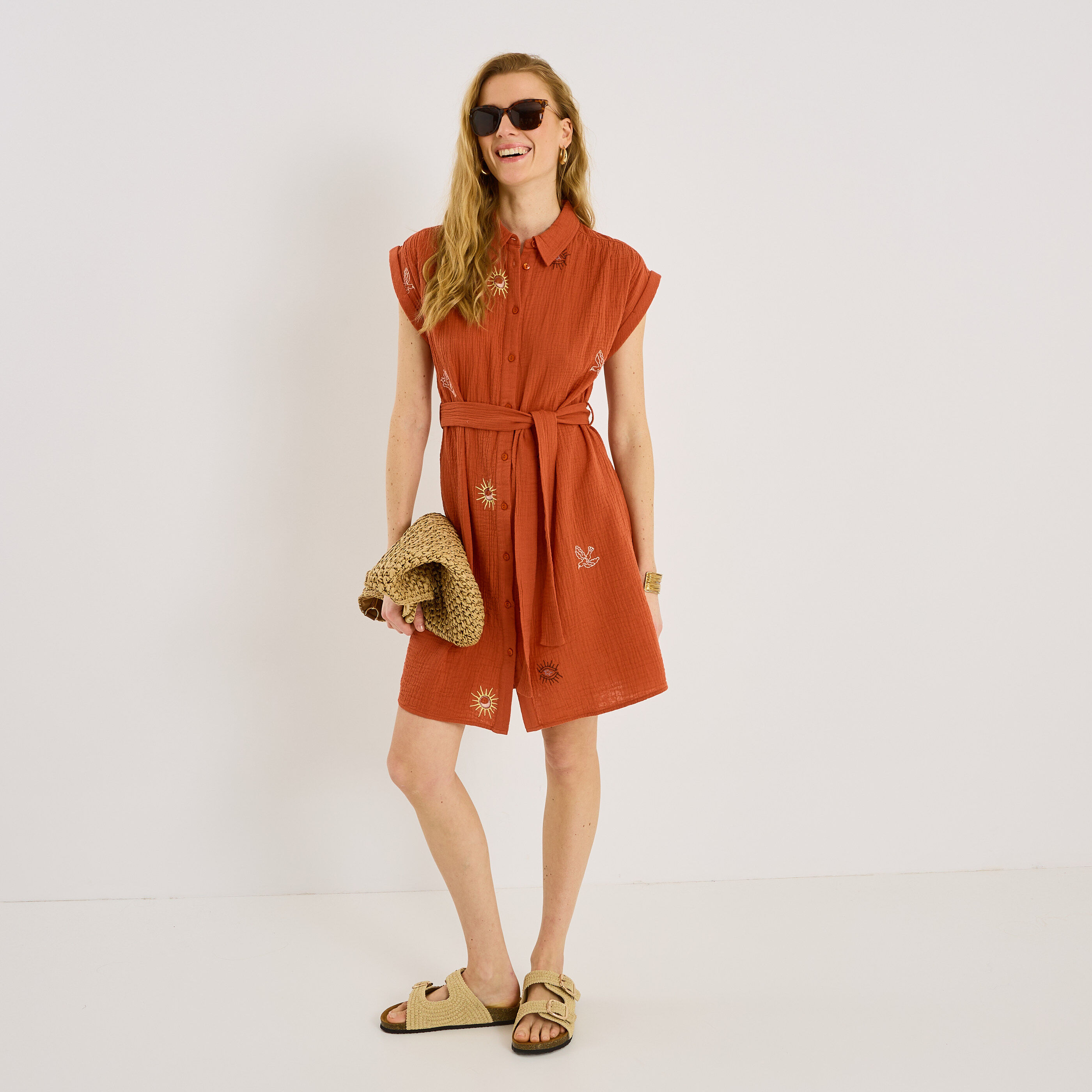 Robe-chemise courte en gaze de coton