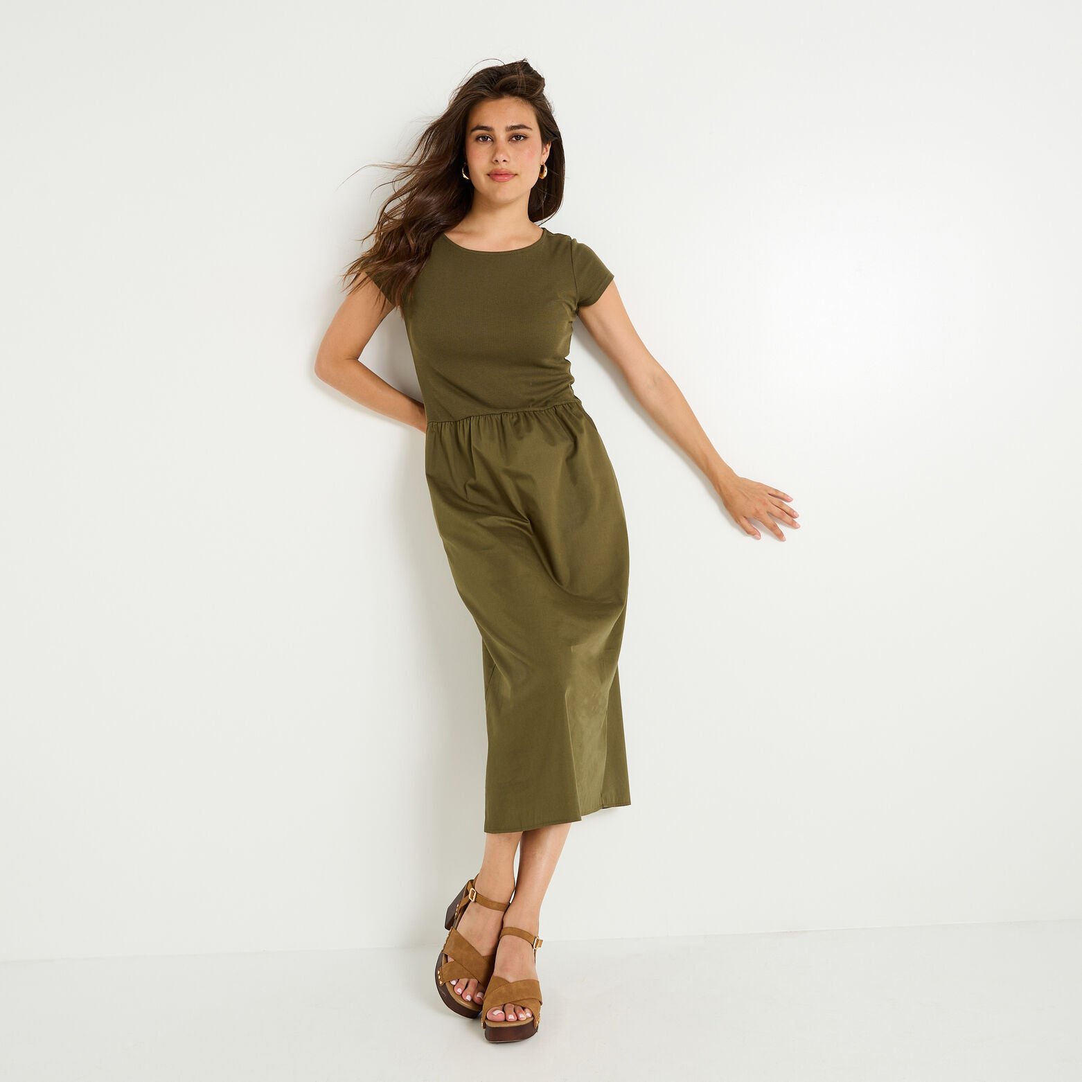 Robe évasée bi-matière à poches 