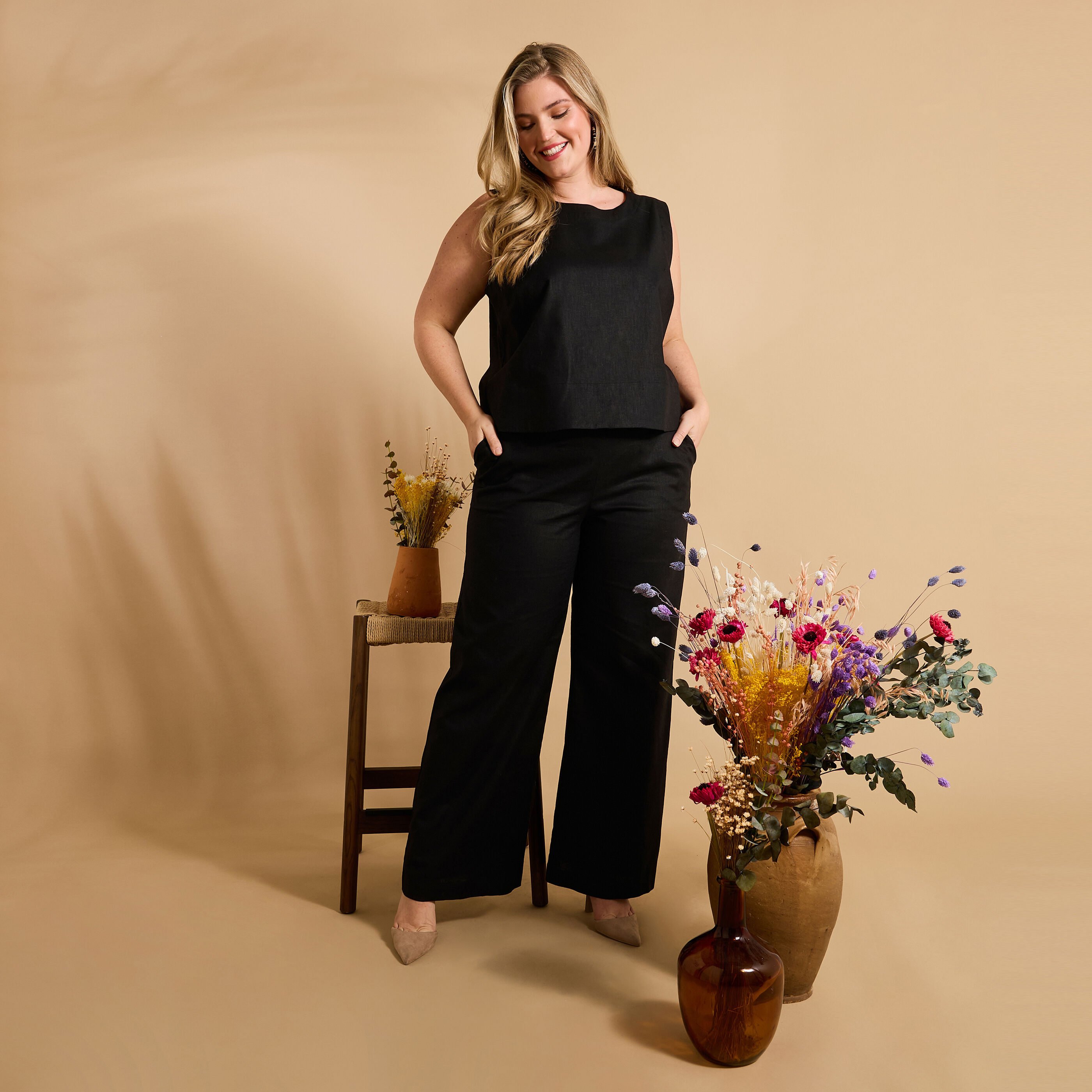 Pantalon large en lin m&eacute;lang&eacute; femme