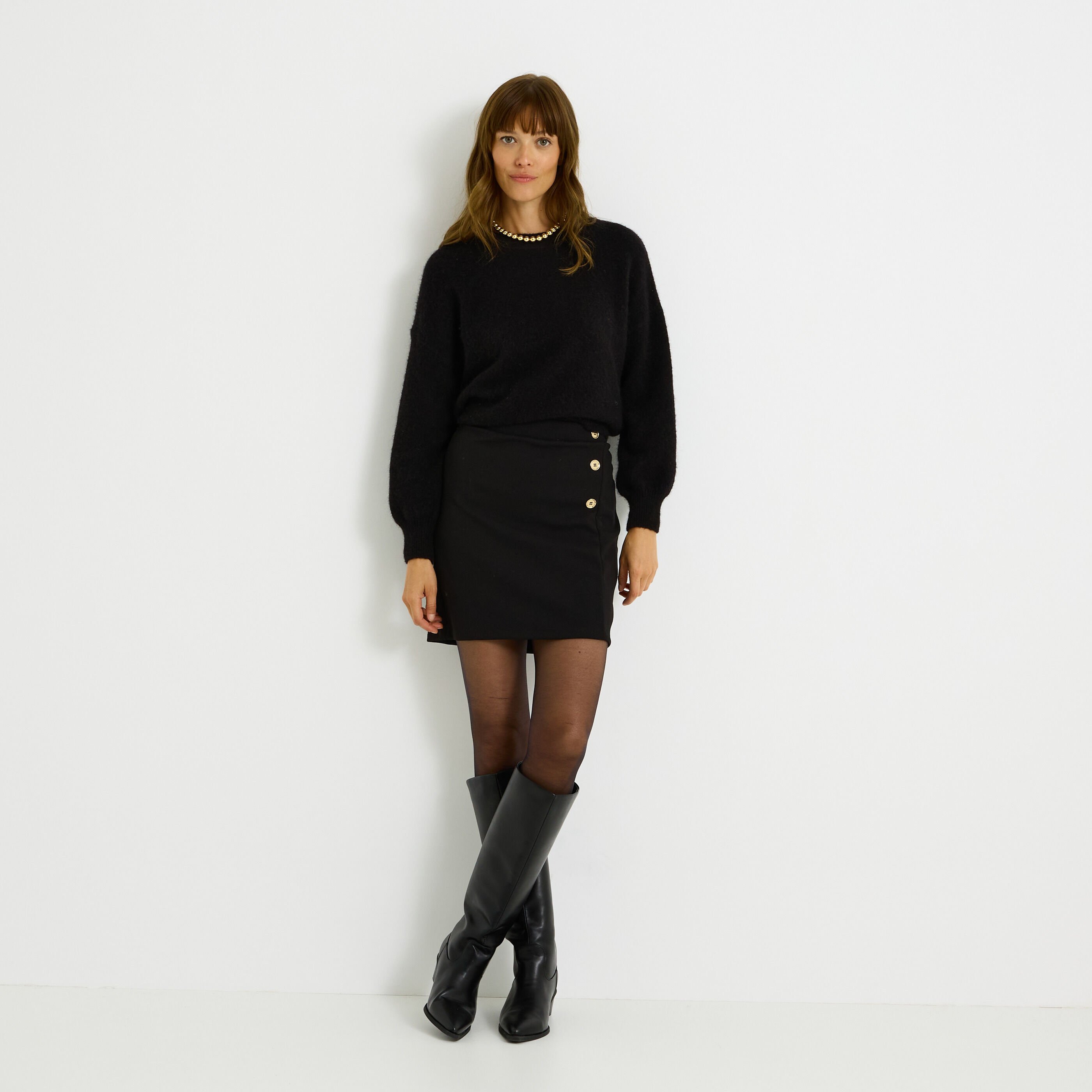 Jupe courte en maille taille &eacute;lastiqu&eacute;e