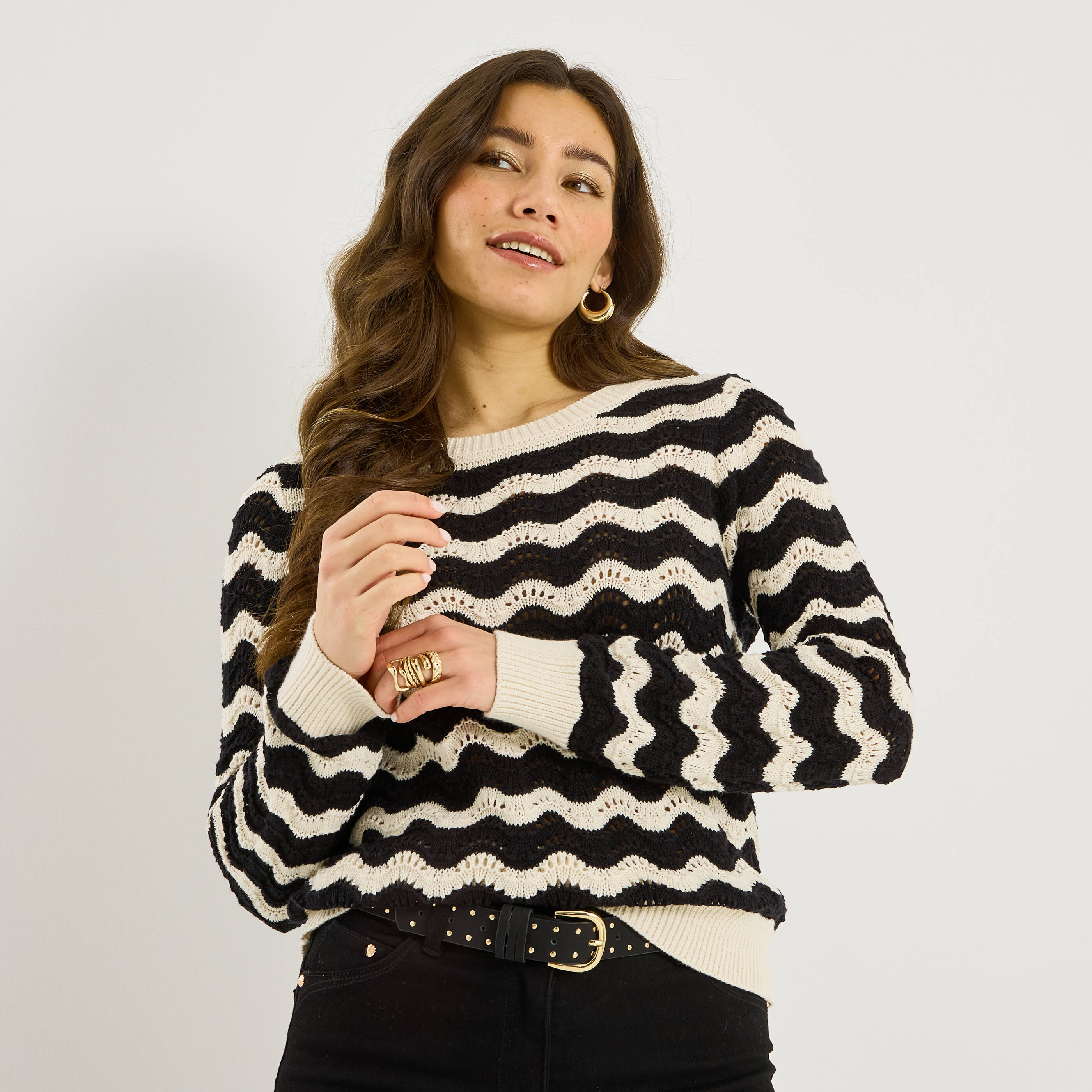 Pull ray&eacute; bicolore &agrave; col rond femme