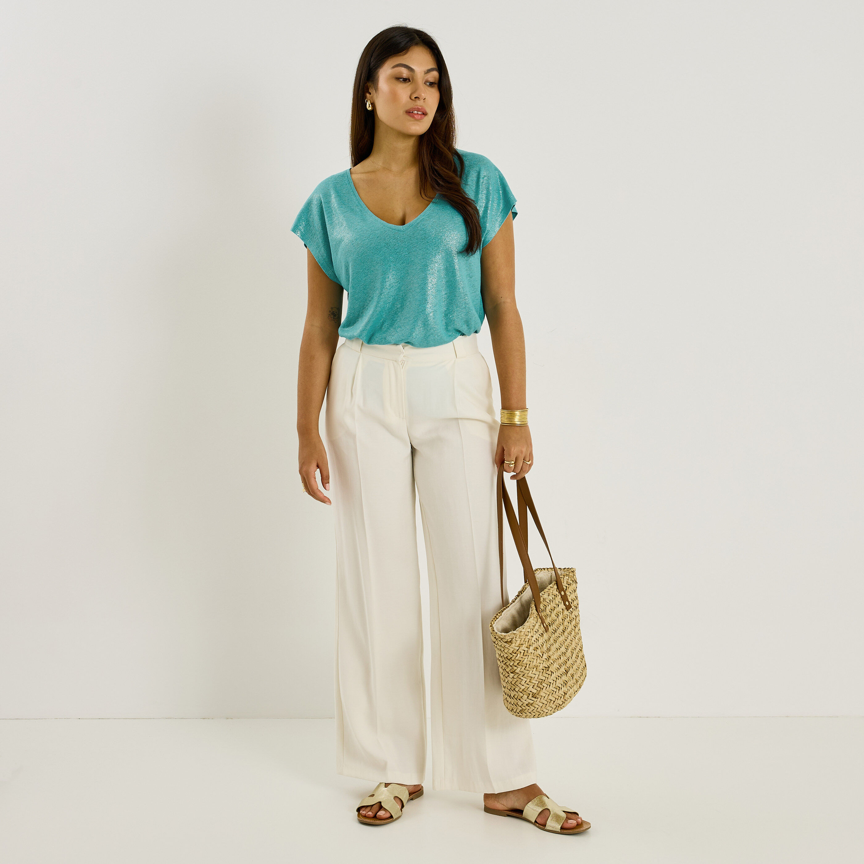 T-shirt en lin m&eacute;lang&eacute; brillant femme