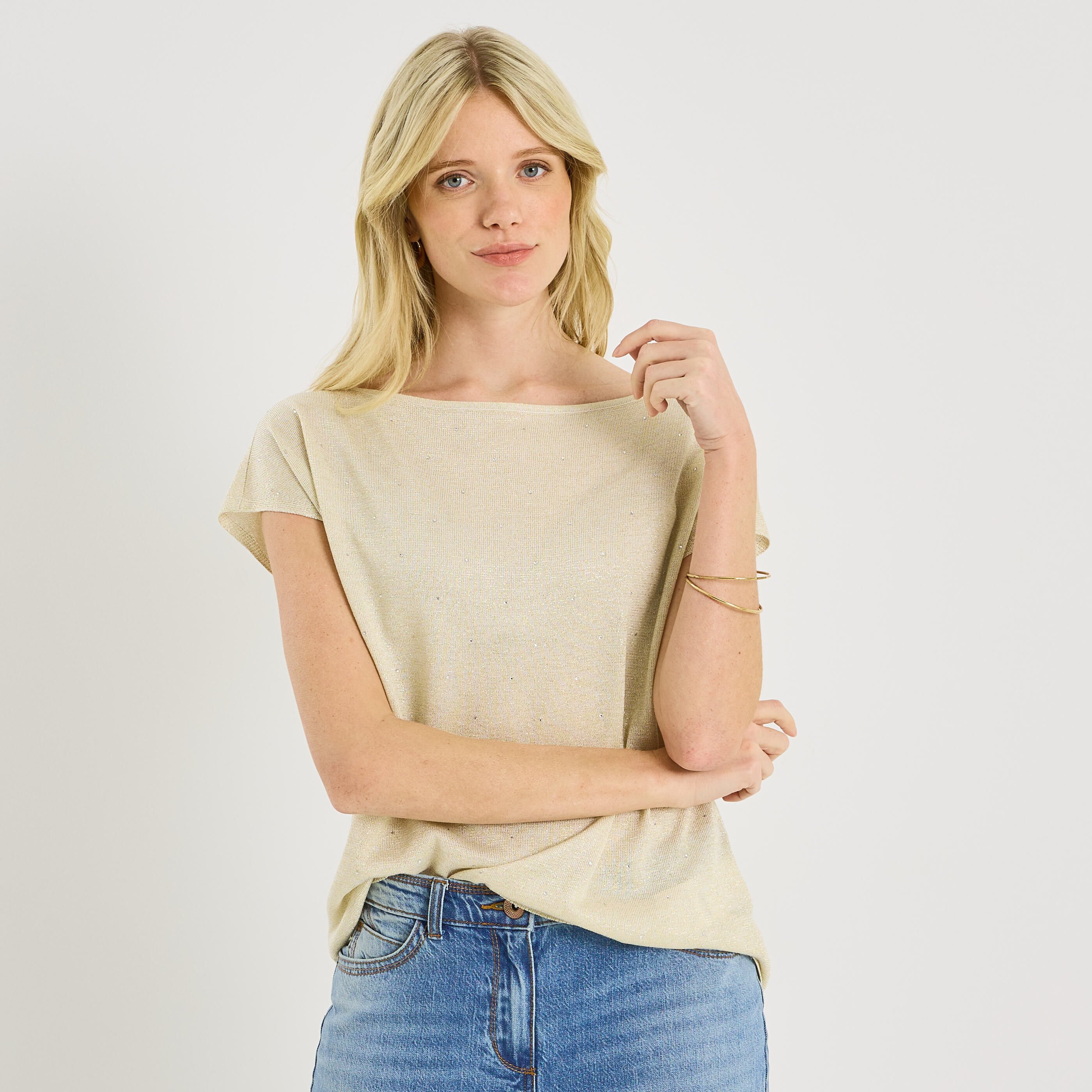 Pull brillant manches courtes femme