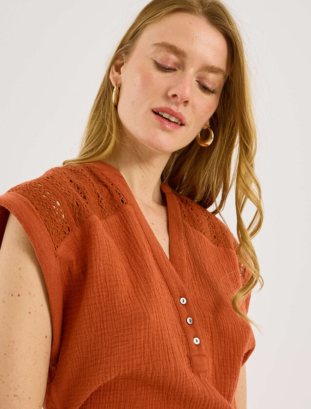 Blouse en gaze de coton &agrave; col V femme