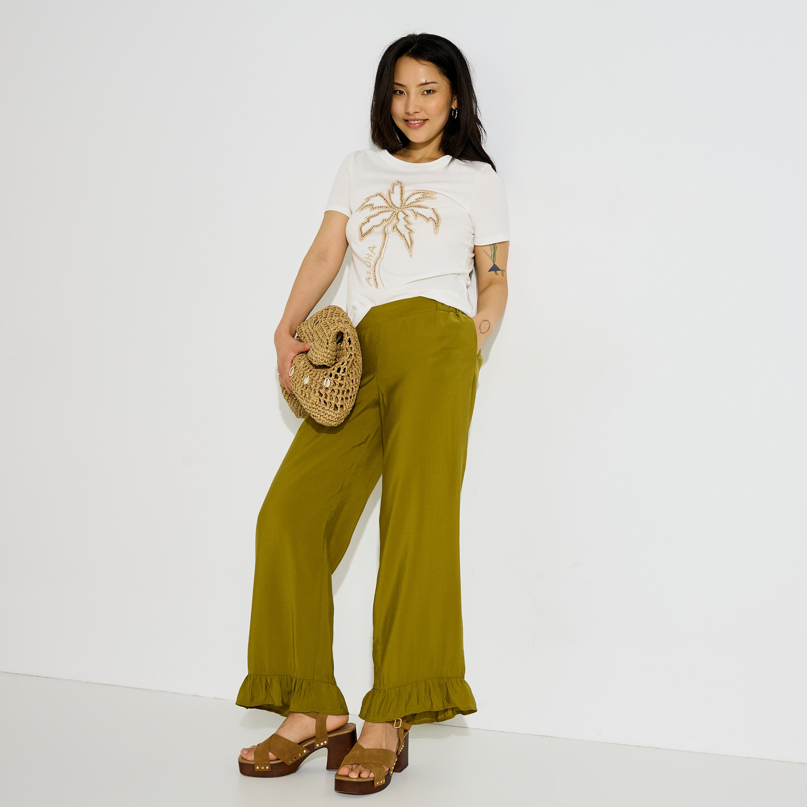 Pantalon large avec volants femme