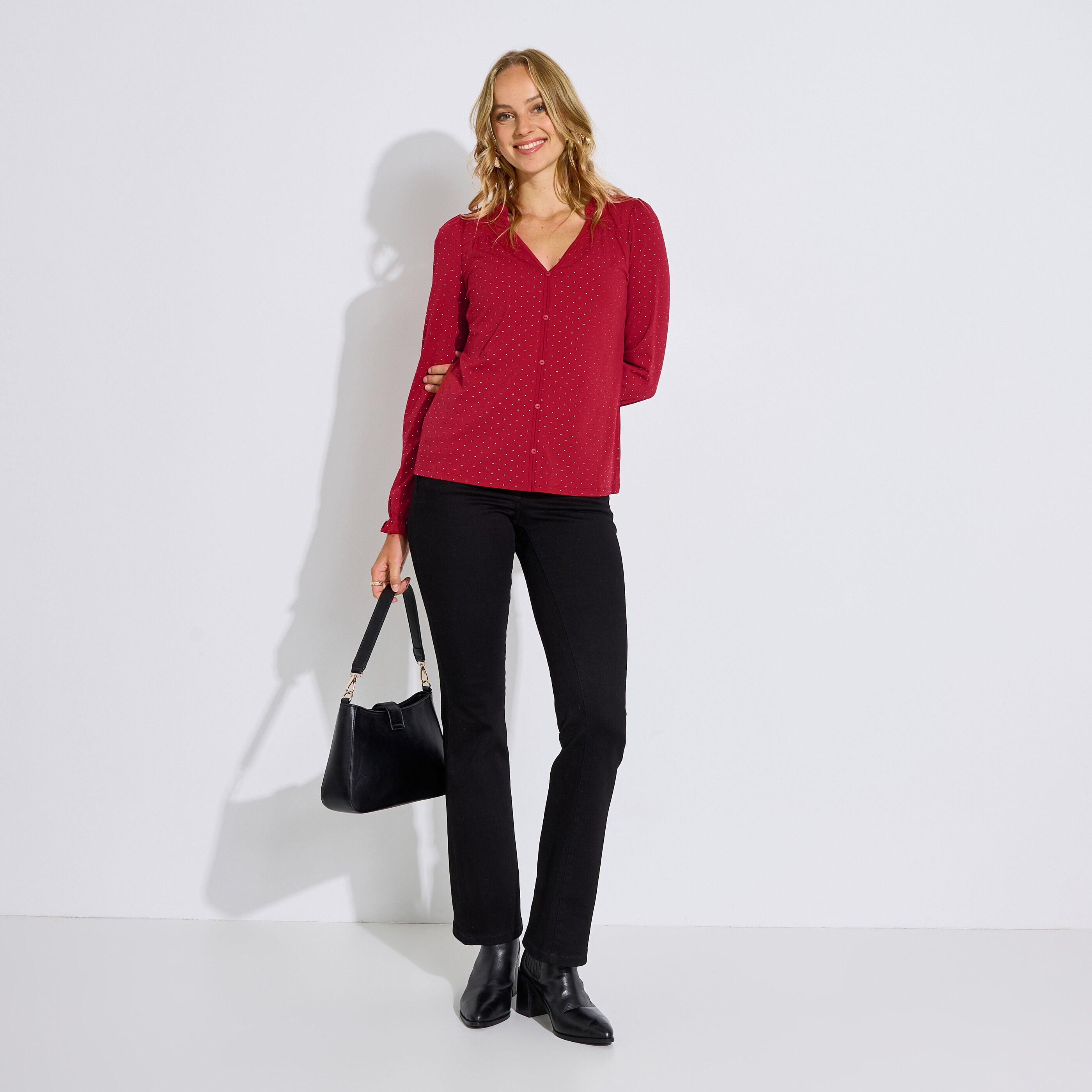 Blouse col V strass femme