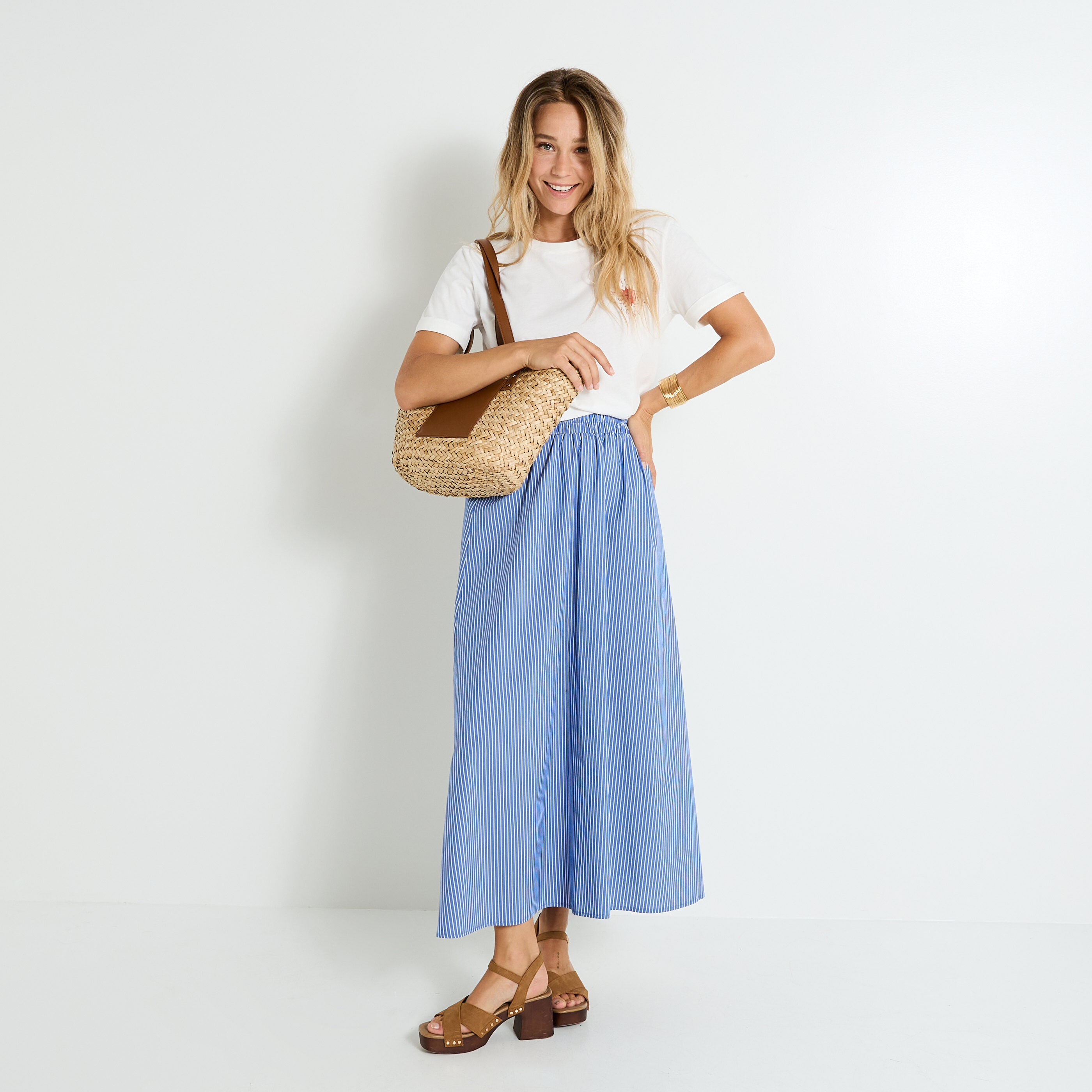 Jupe longue ray&eacute;e en popeline