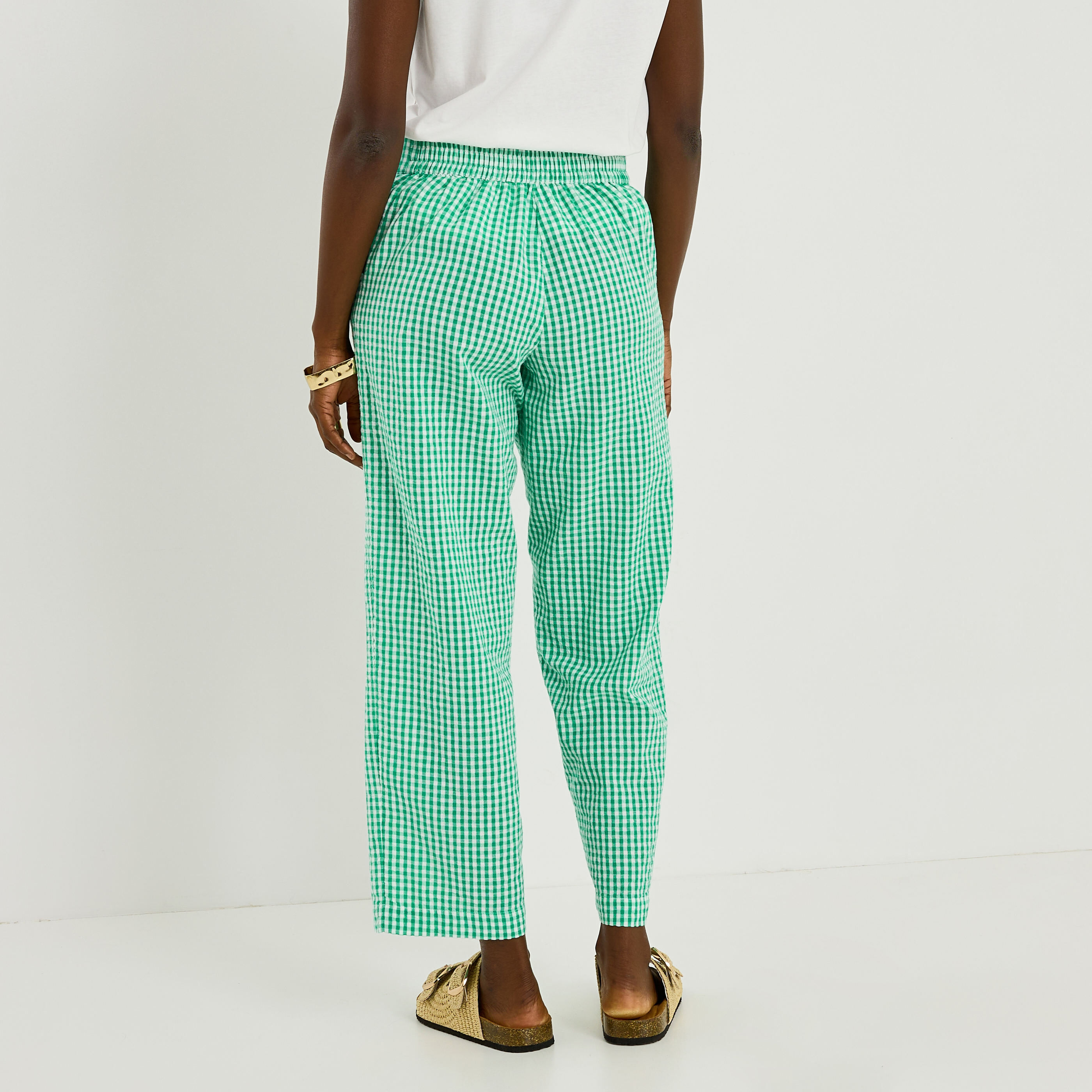 Pantalon seersucker imprim&eacute; vichy femme