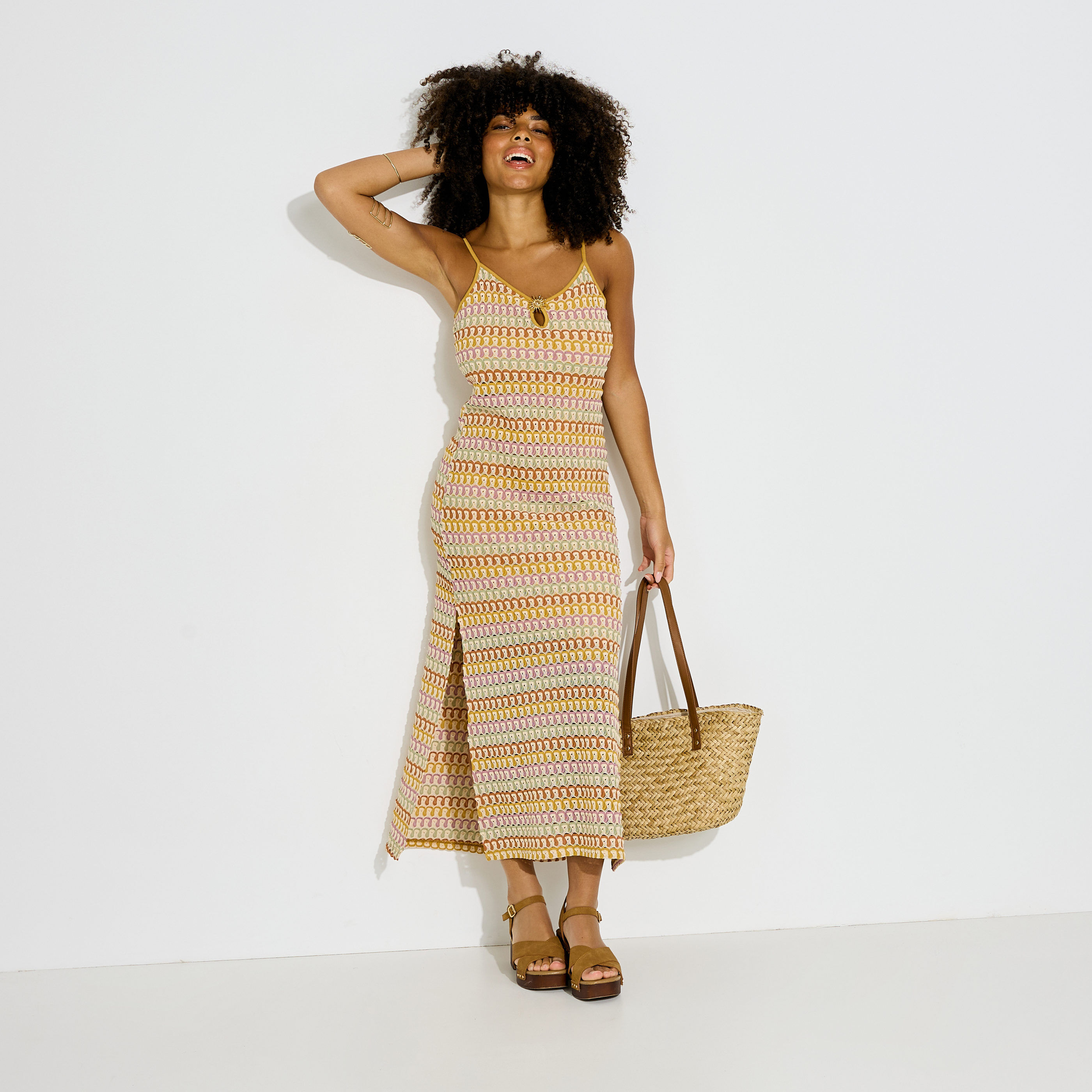 Robe longue en maille fentes lat&eacute;rales