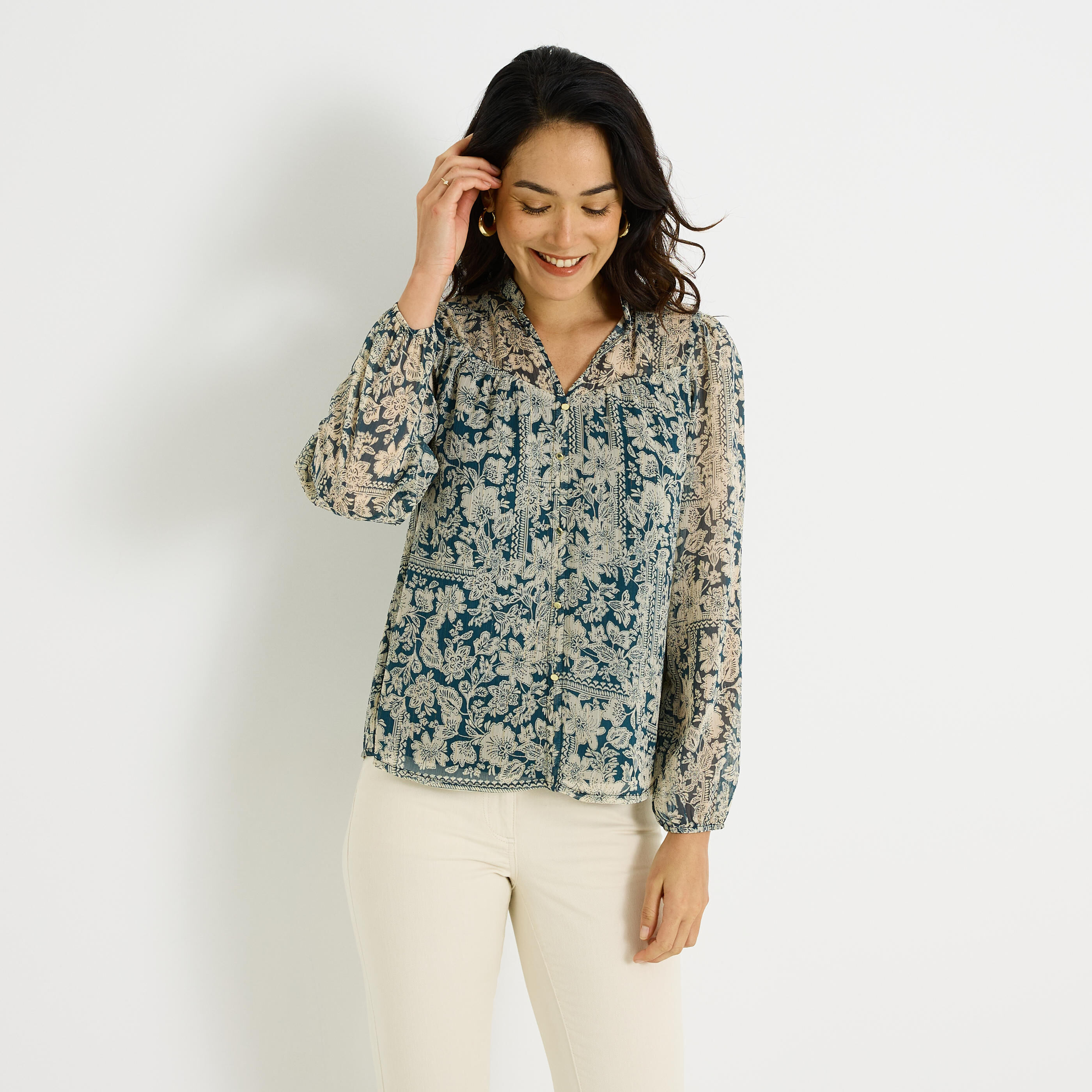 Blouse en voile imprim&eacute; fleuri femme