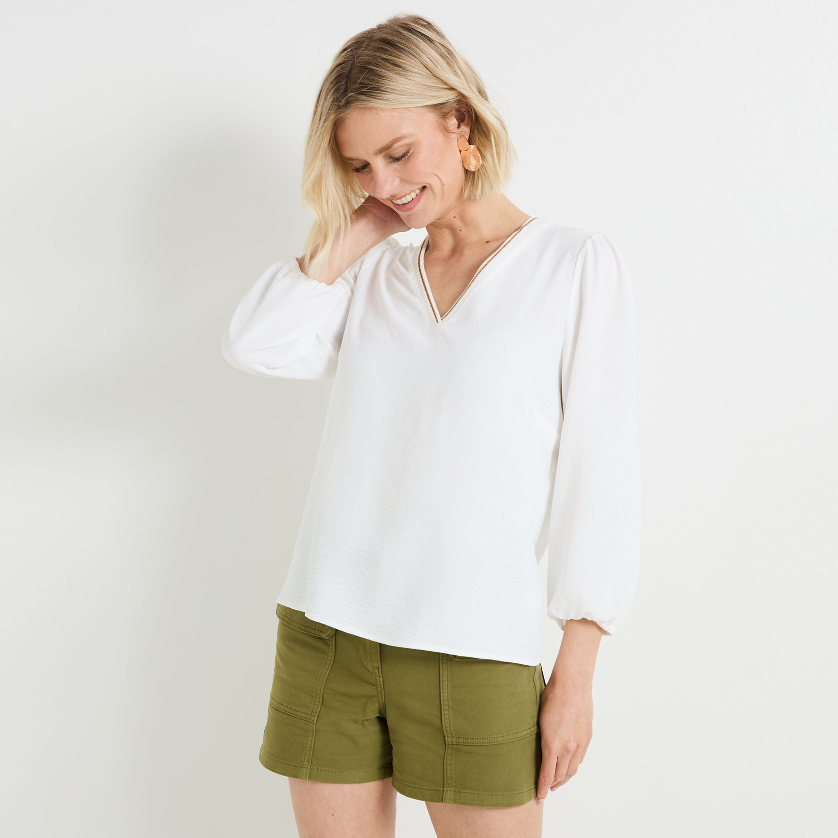 Blouse col V manches 3 4 femme ECRU Graindemalice