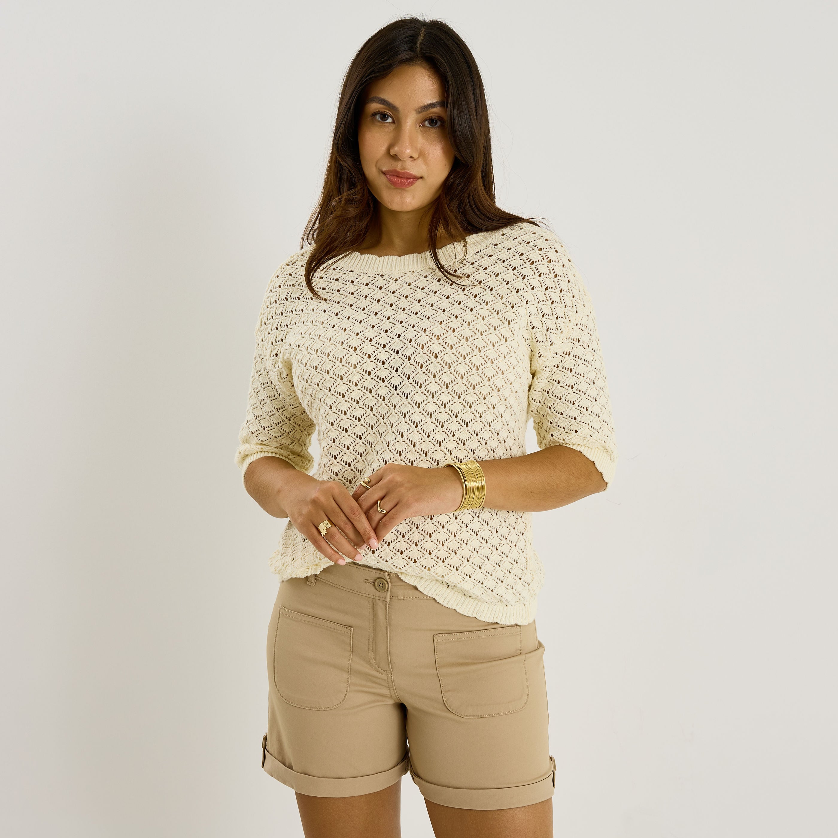 Pull ajour&eacute; manches courtes femme