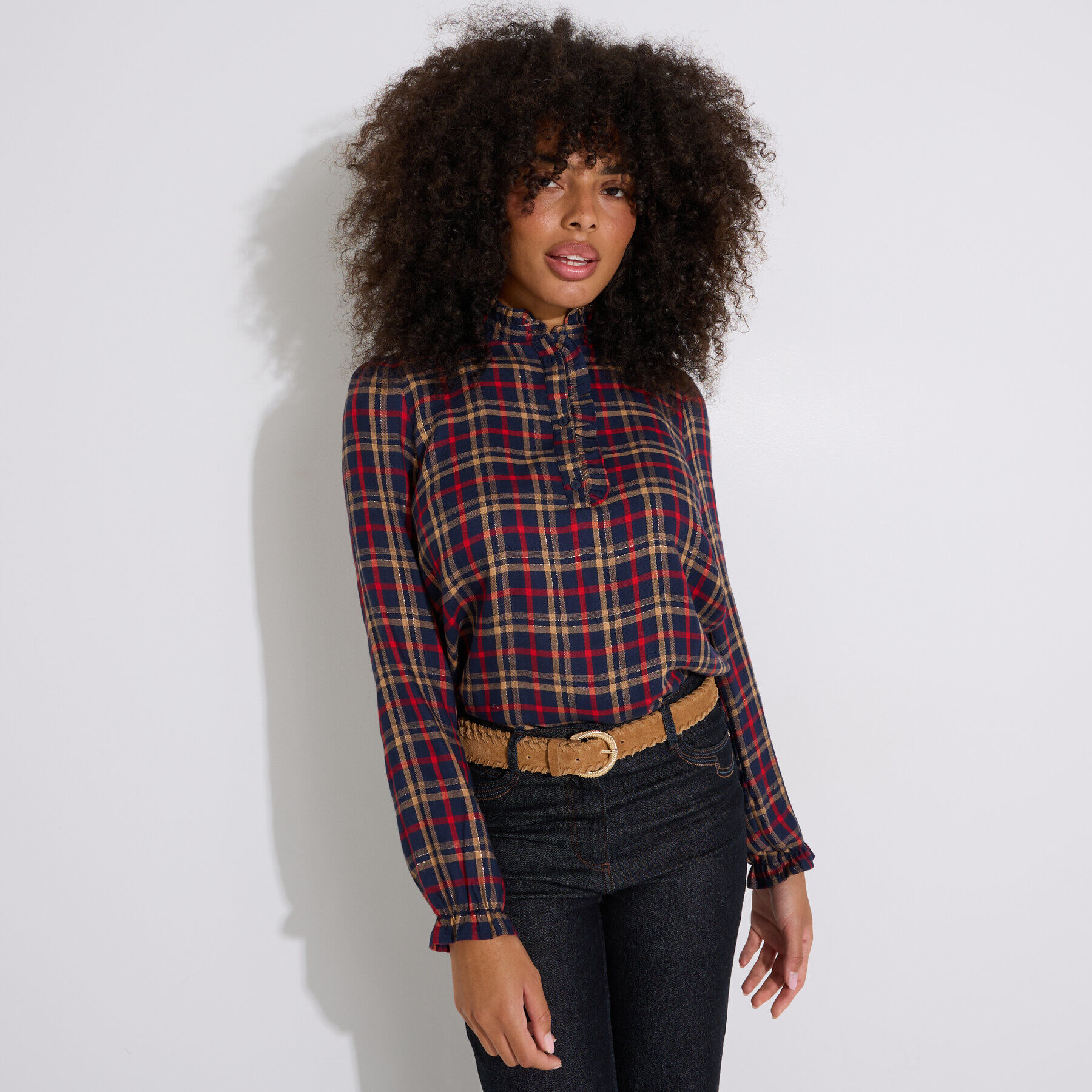 Blouse &agrave; carreaux col montant femme