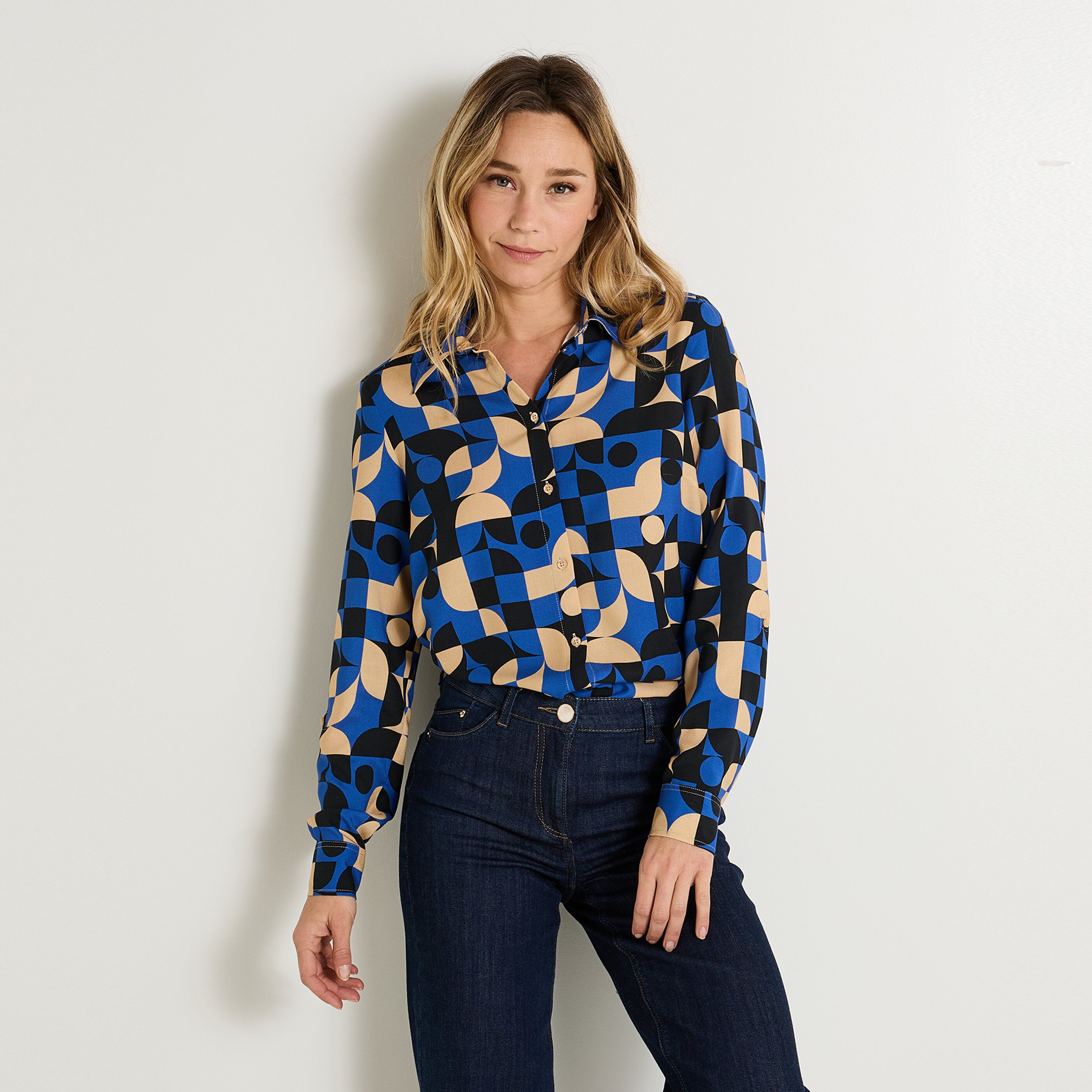 Chemisier imprim&eacute; g&eacute;om&eacute;trique femme