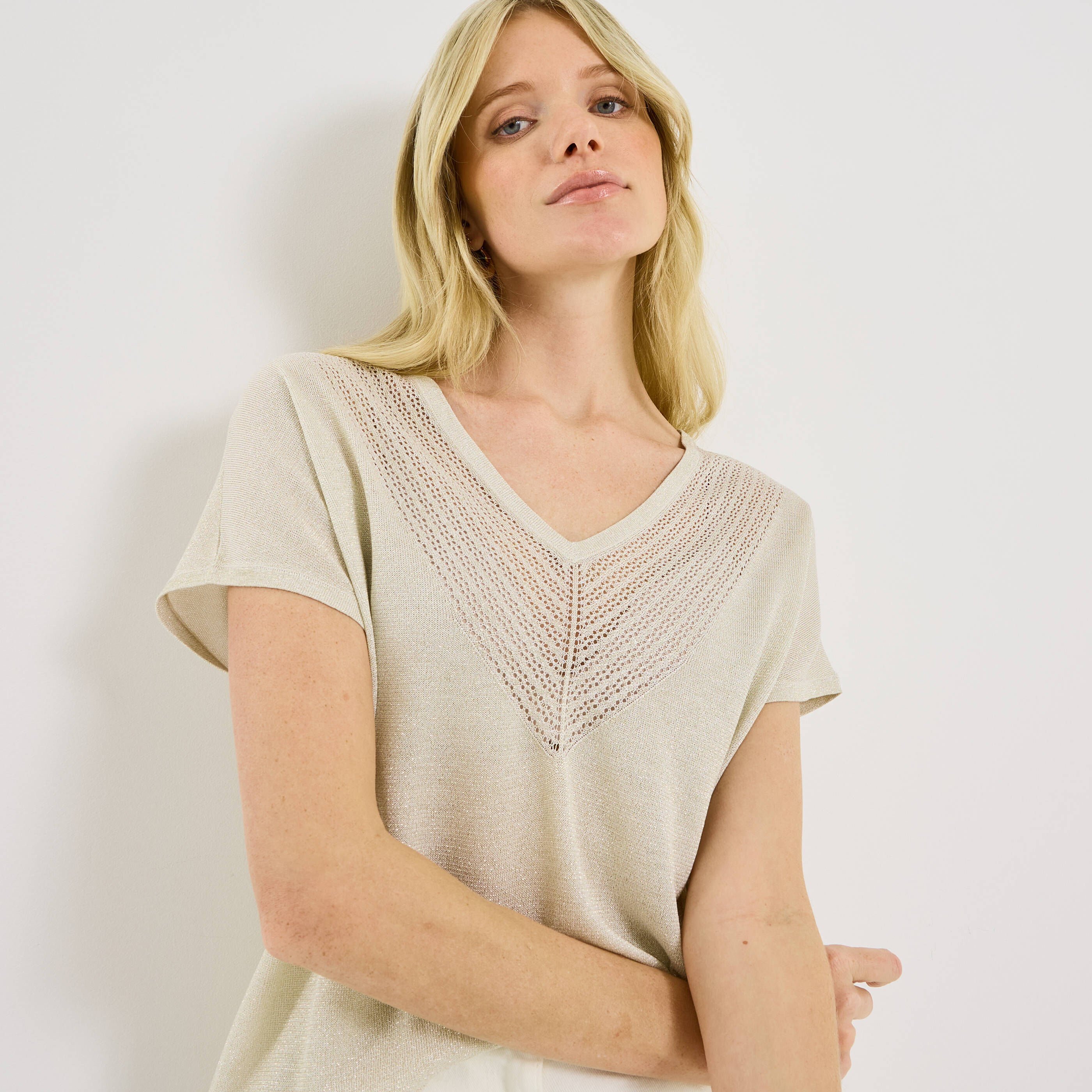 Pull brillant manches courtes femme