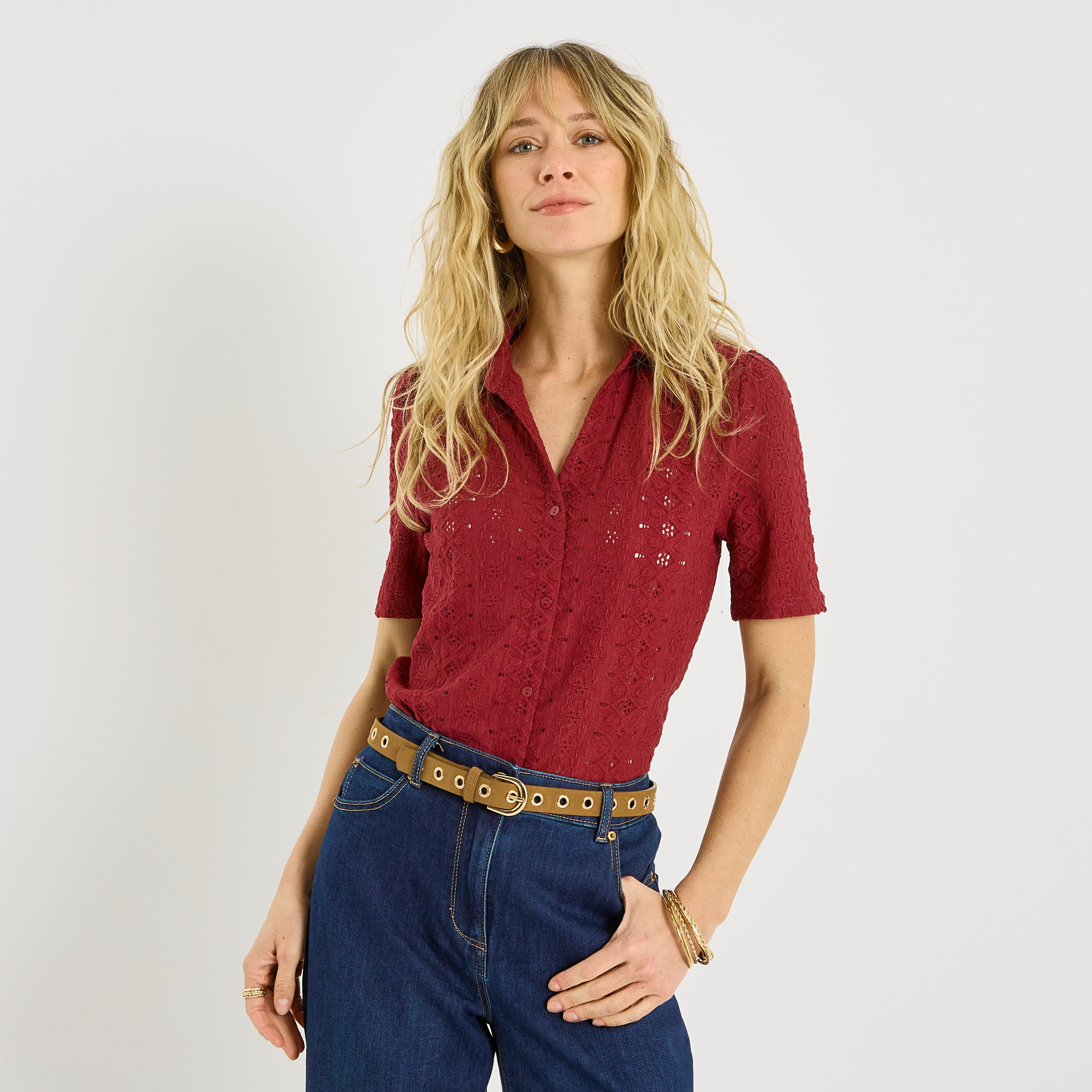 Chemise en maille ajour&eacute;e femme