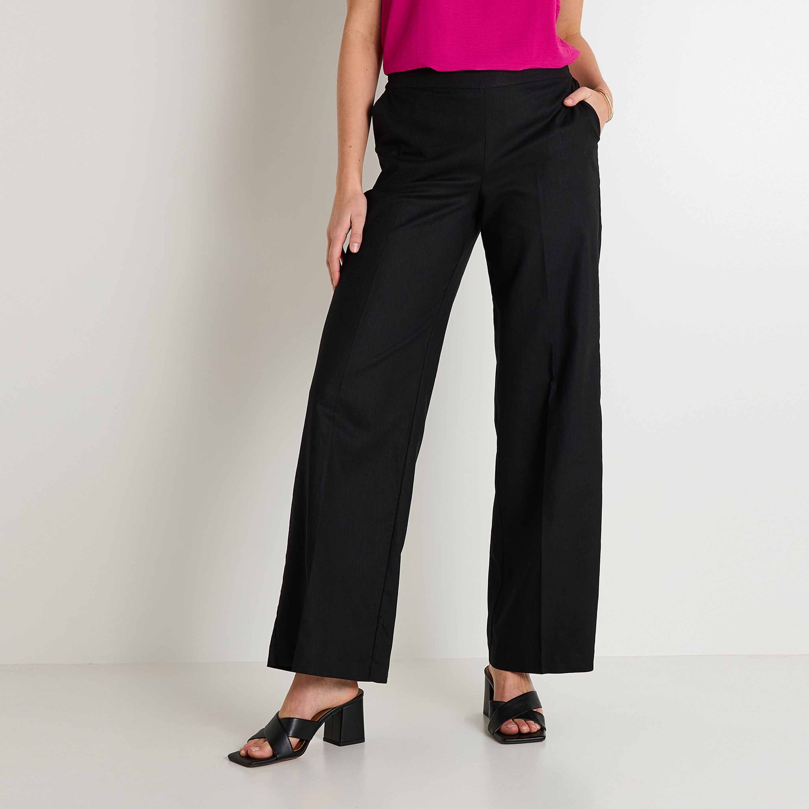 Pantalon large en lin m&eacute;lang&eacute; femme