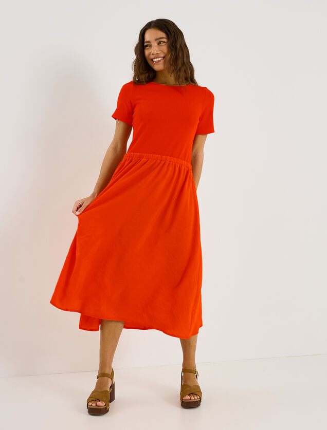 Robe longue bi-mati&egrave;re manches courtes