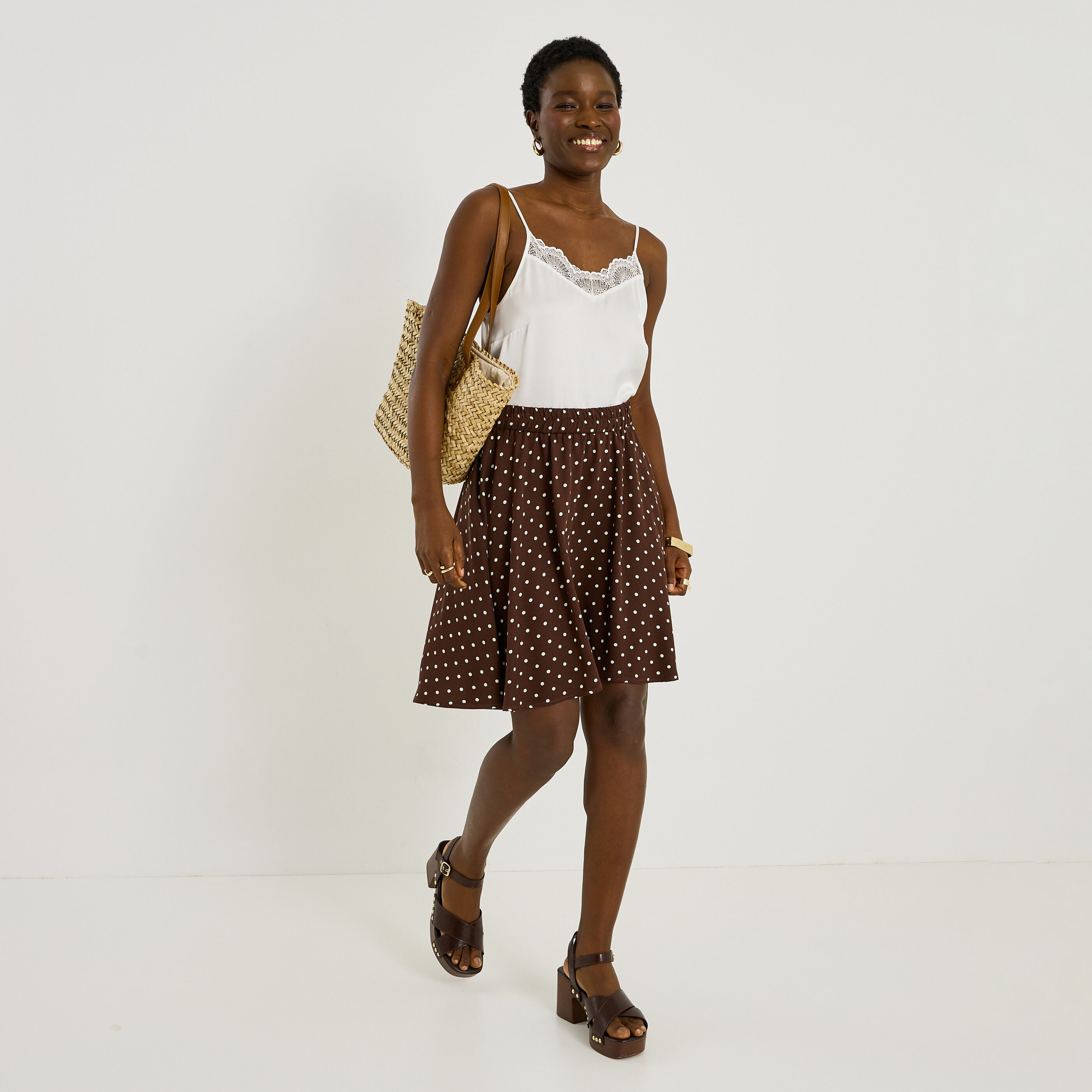 Jupe courte patineuse imprim&eacute; pois