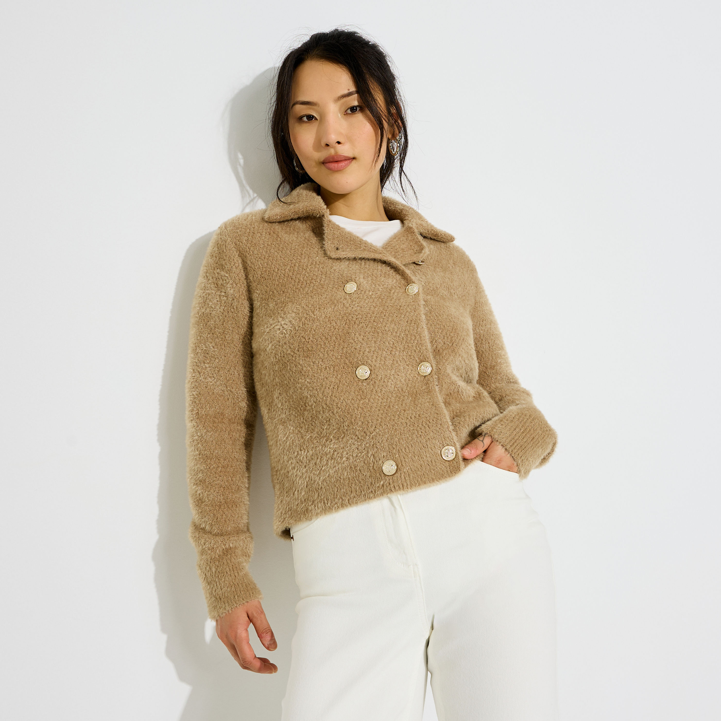 Gilet fluffy double boutonnage femme