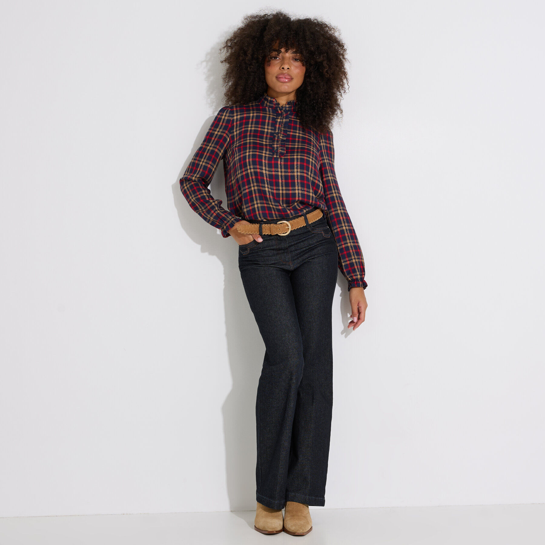 Blouse &agrave; carreaux col montant femme
