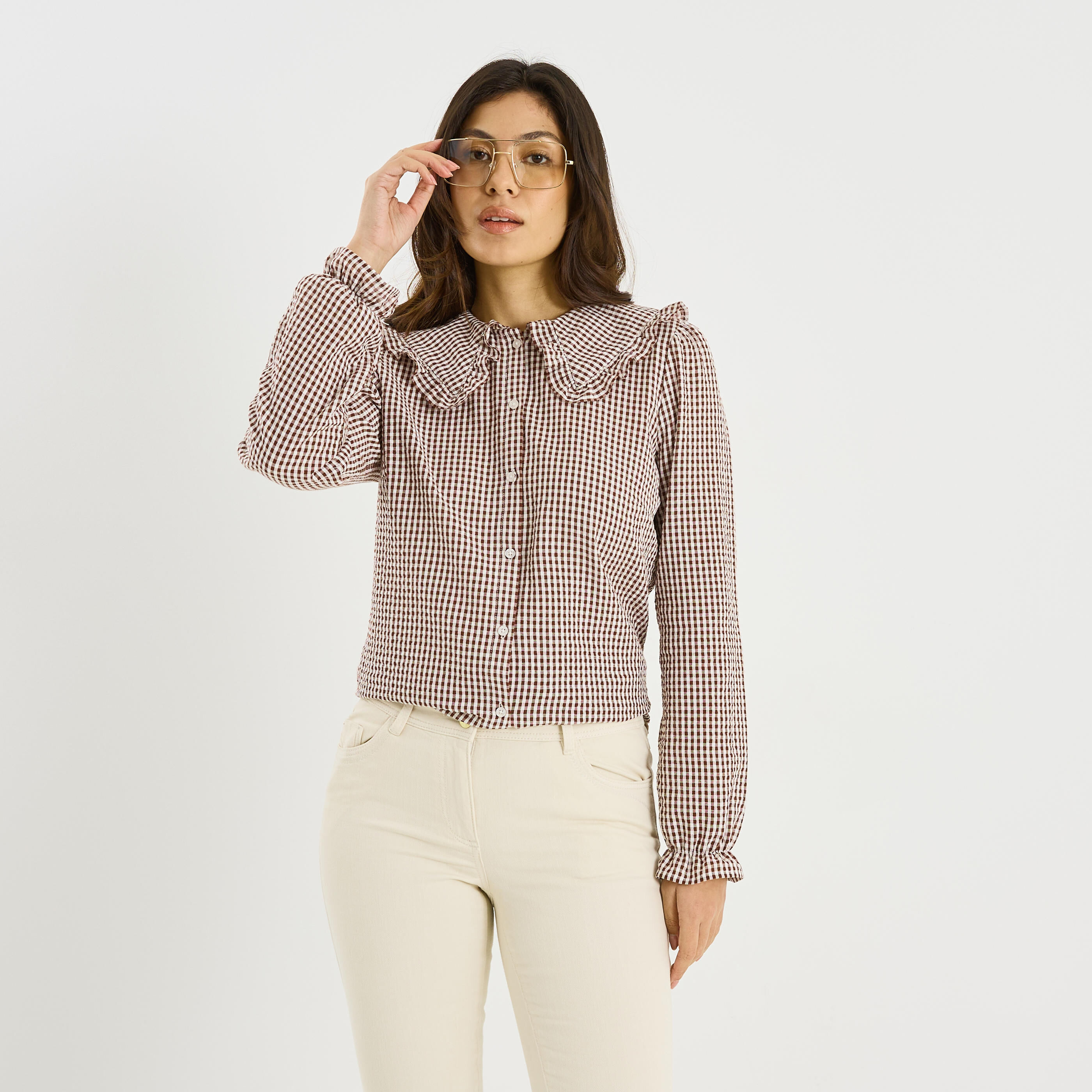 Chemise imprim&eacute; vichy &agrave; grand col femme 