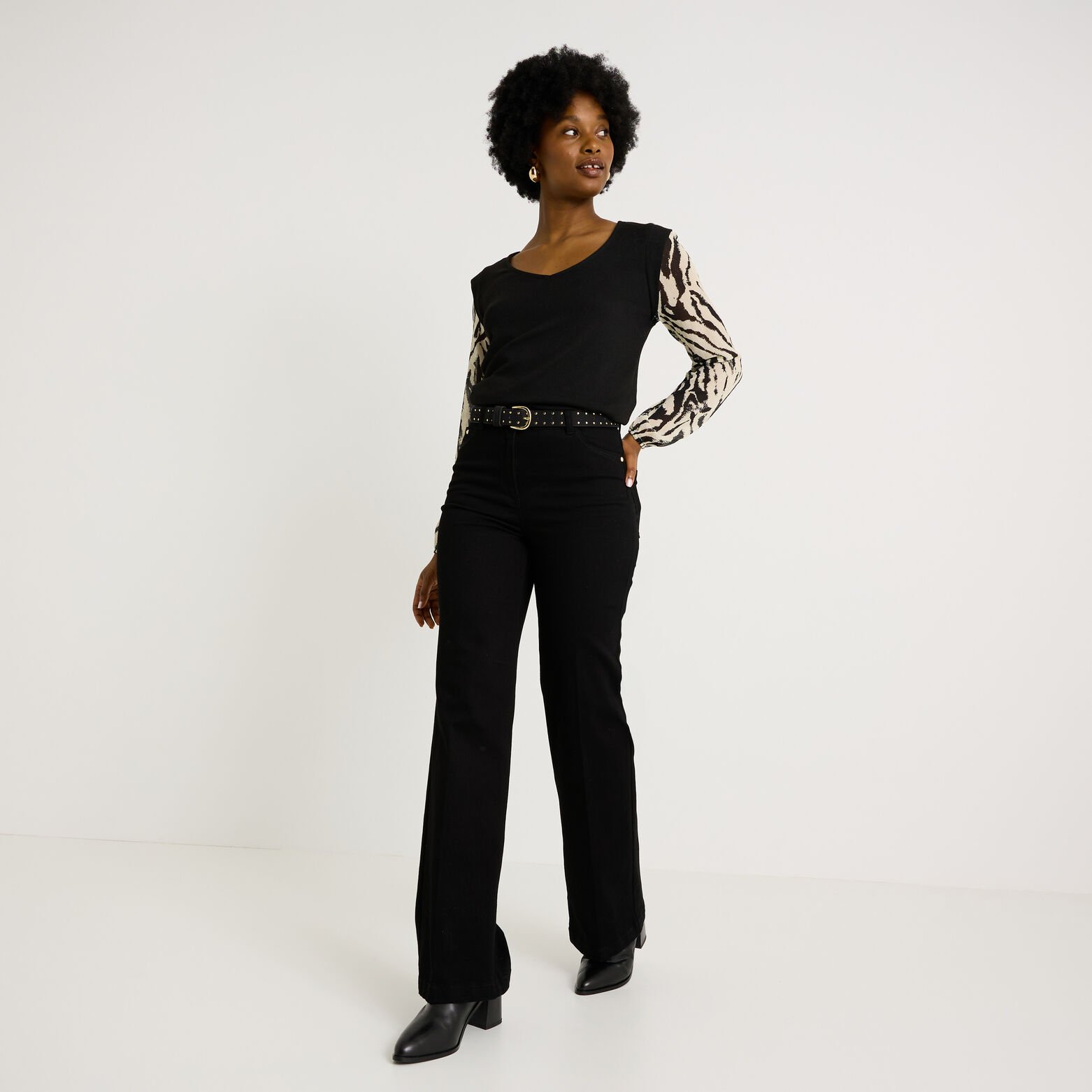 T-shirt bi-matière col V femme