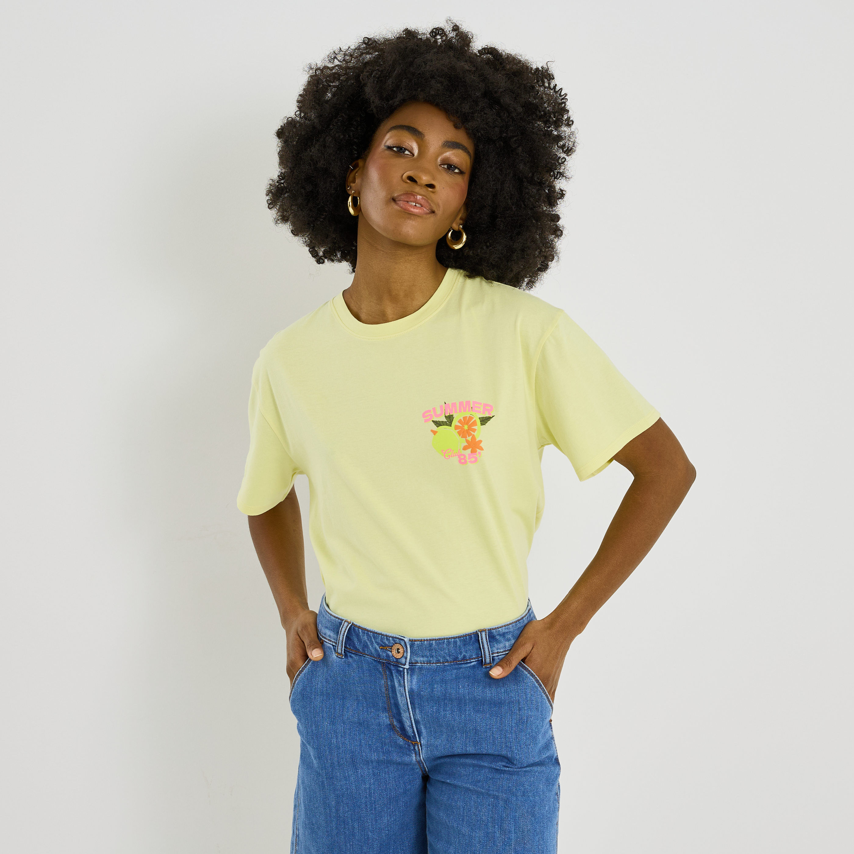 T-shirt col rond print citron femme