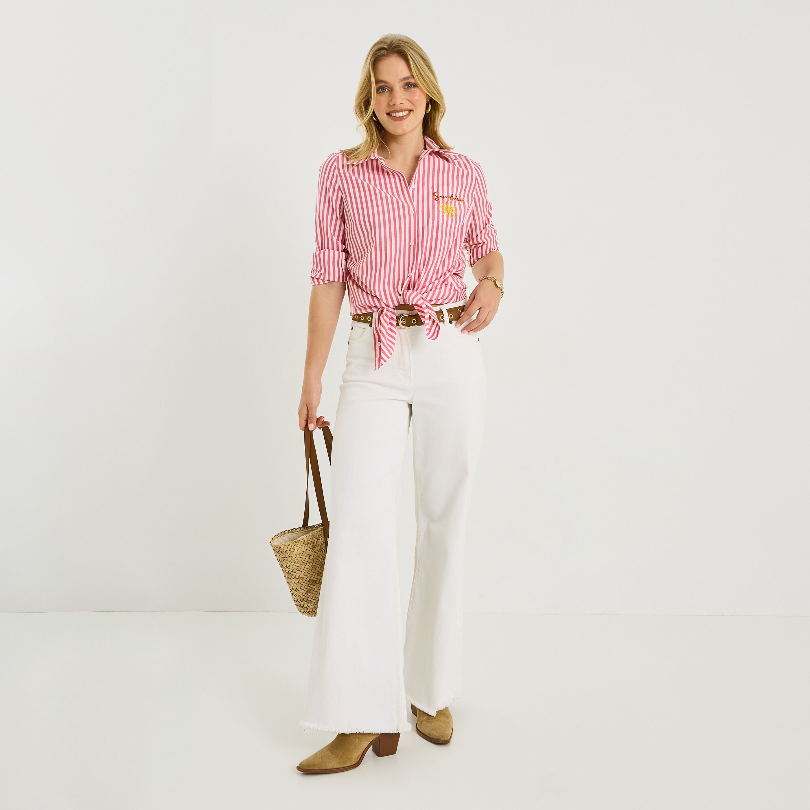 Chemise brod&eacute;e rayures verticales femme