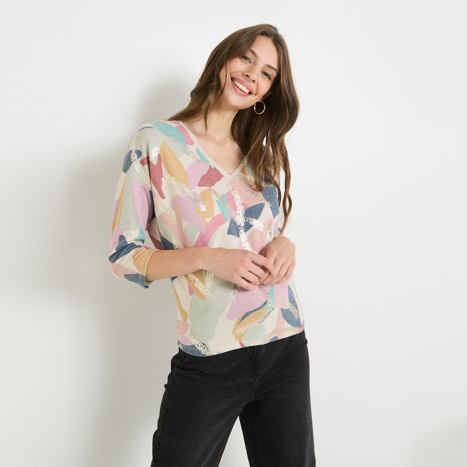 T shirt maille doudou imprimé femme