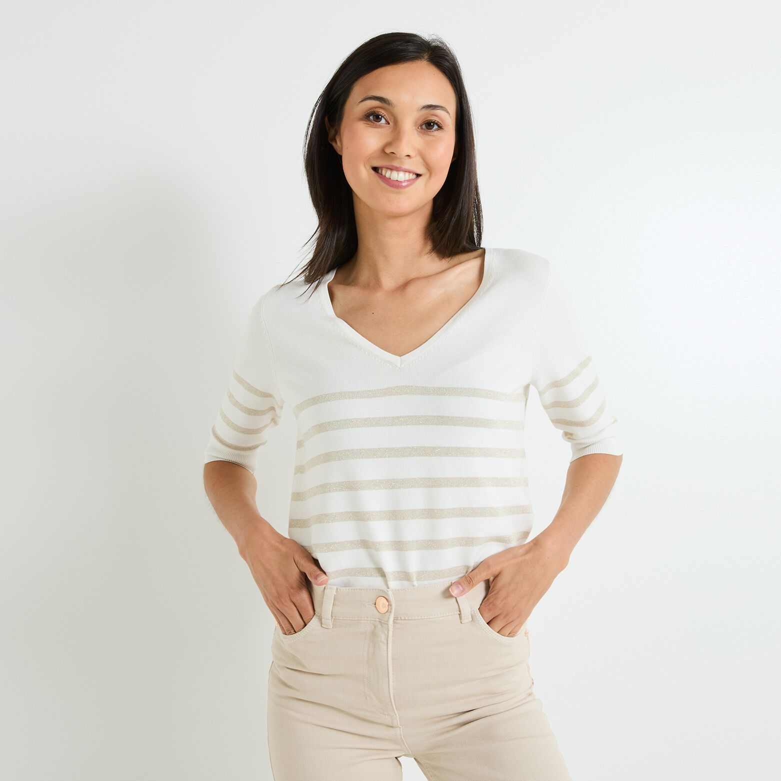 Pull à rayures col V femme