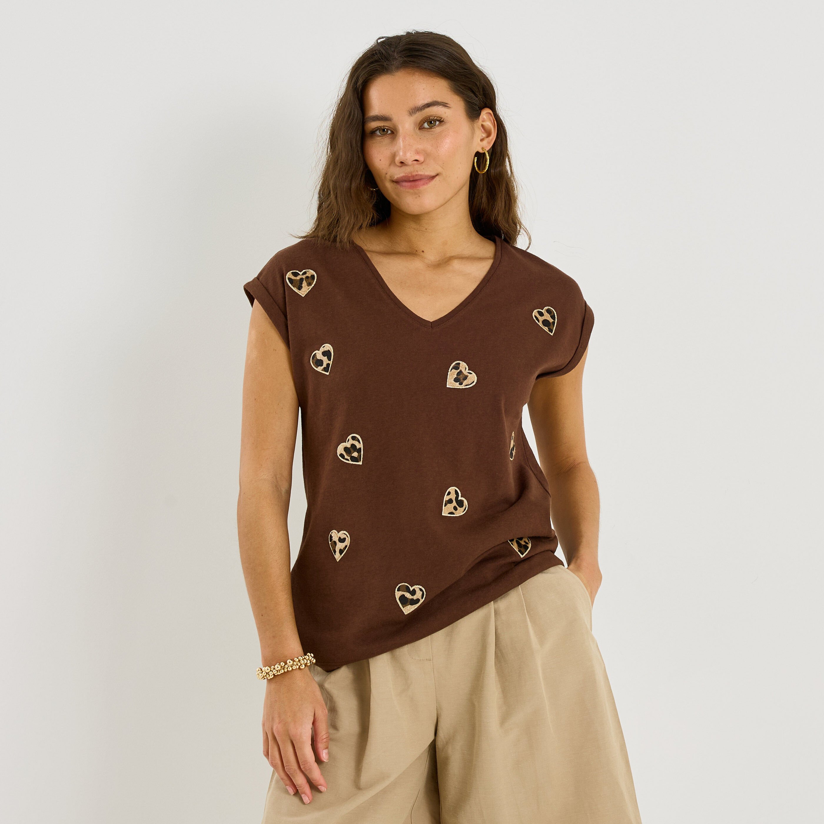 T-shirt patchs imprim&eacute; l&eacute;opard femme