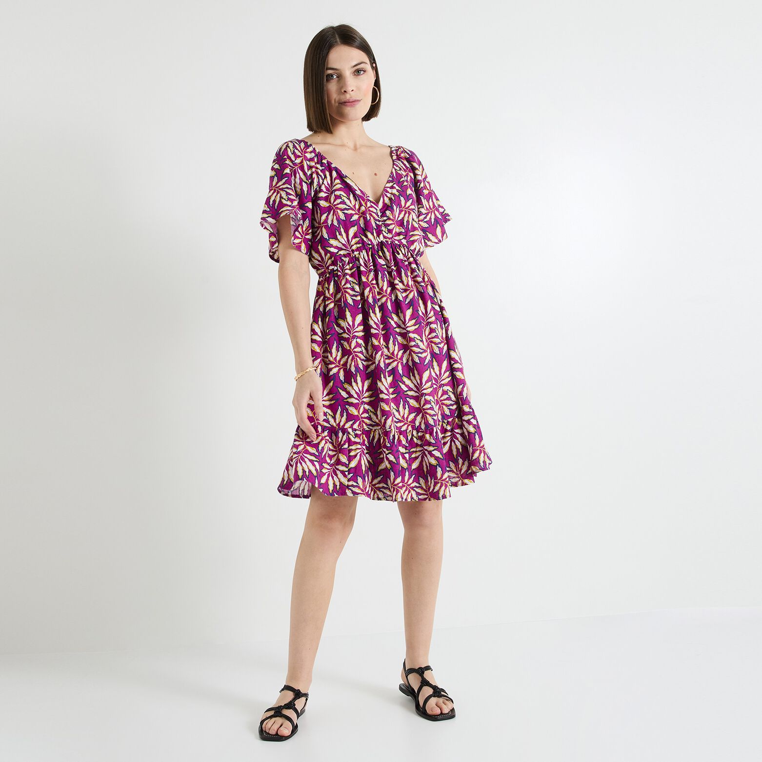 Robe col V imprimée femme