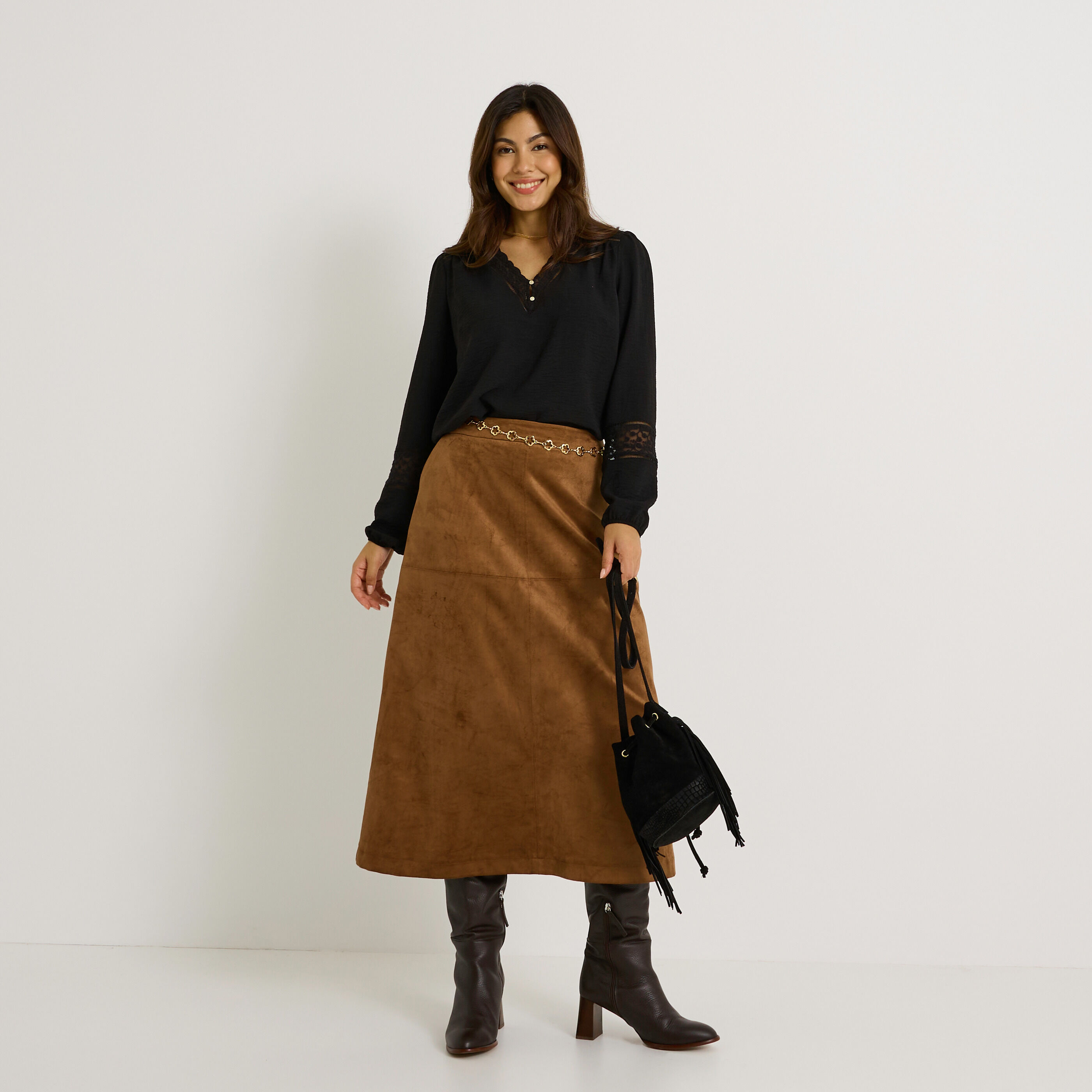 Blouse unie d&eacute;tails ajour&eacute;s femme