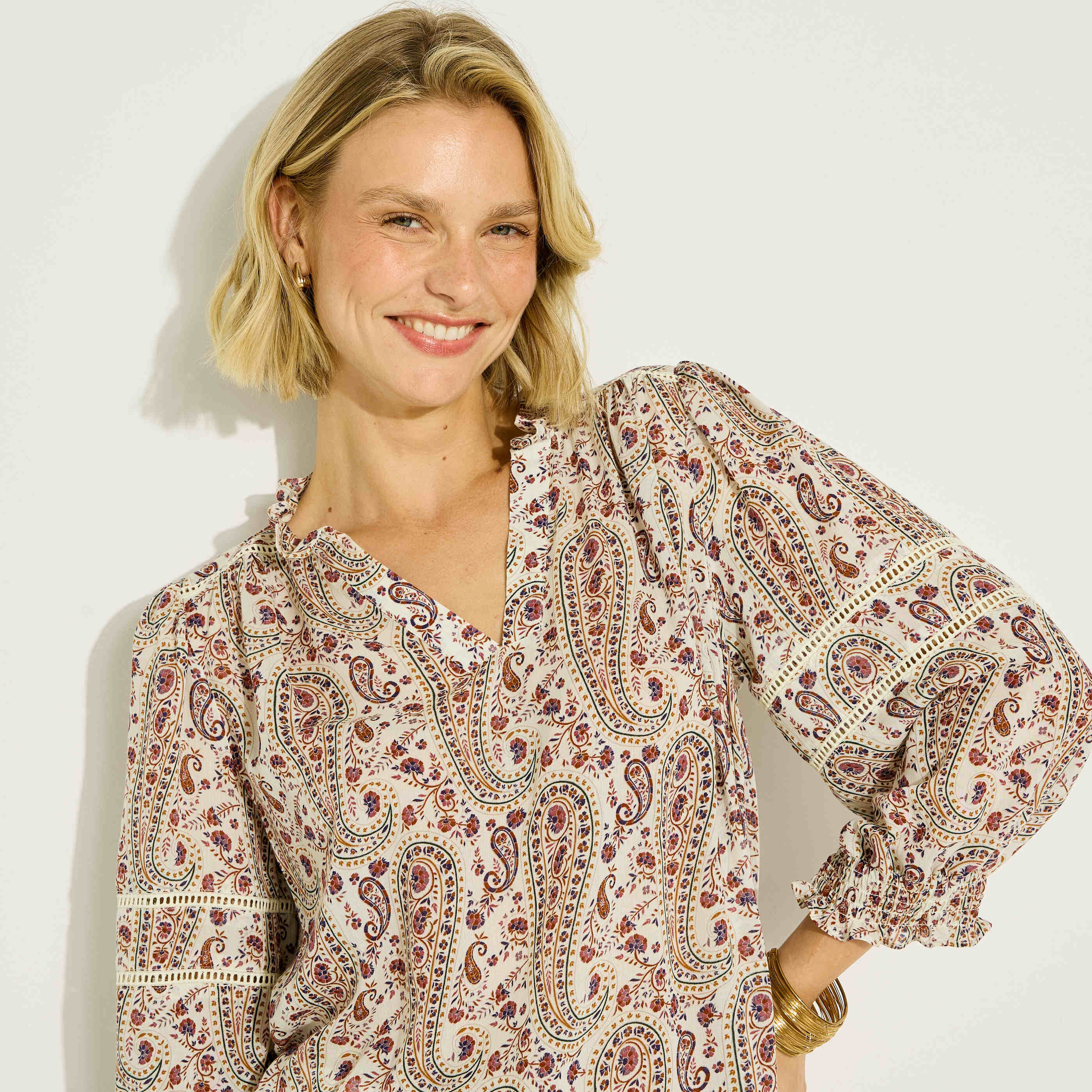 Blouse imprim&eacute; boh&egrave;me col V femme