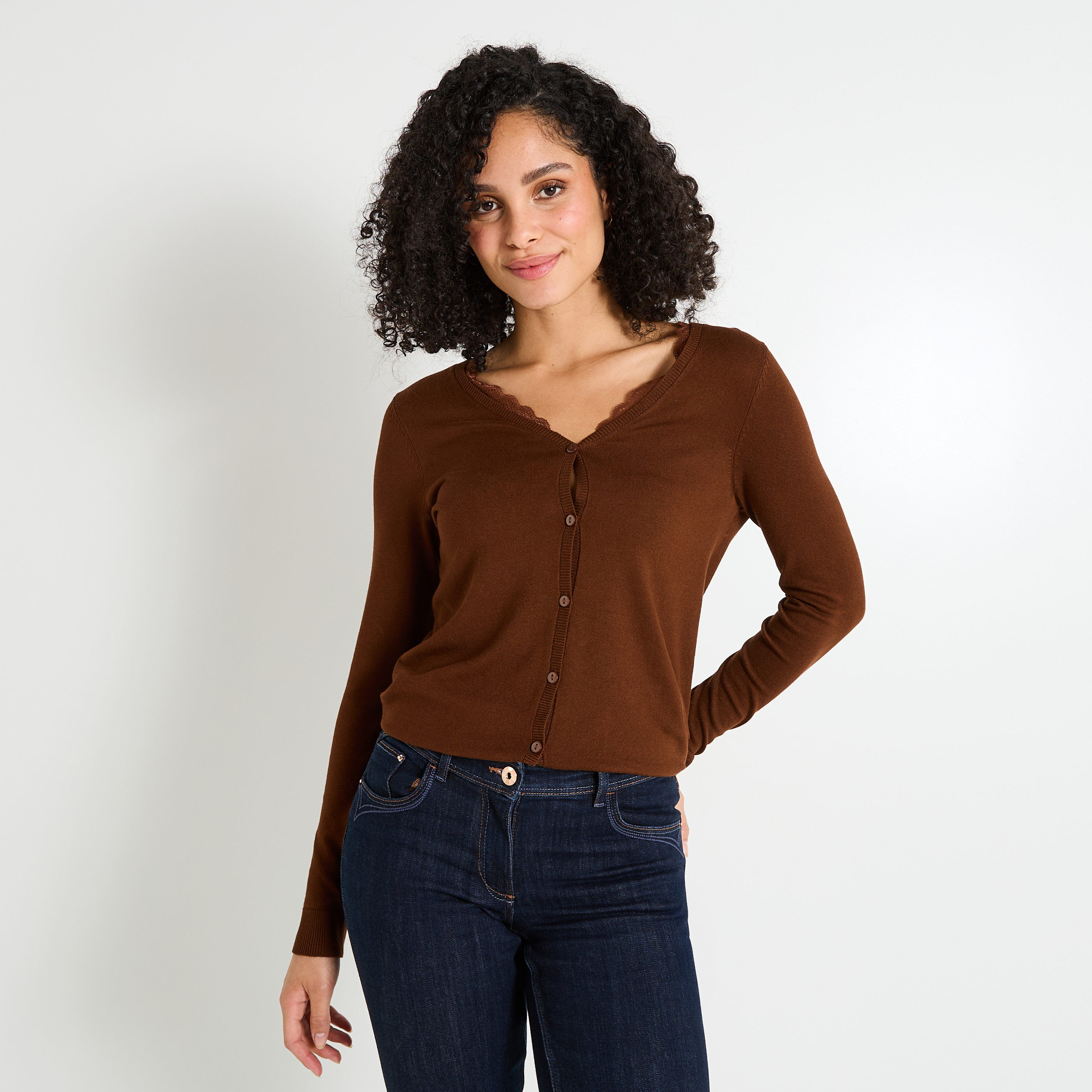 Gilet col V ajour&eacute; femme