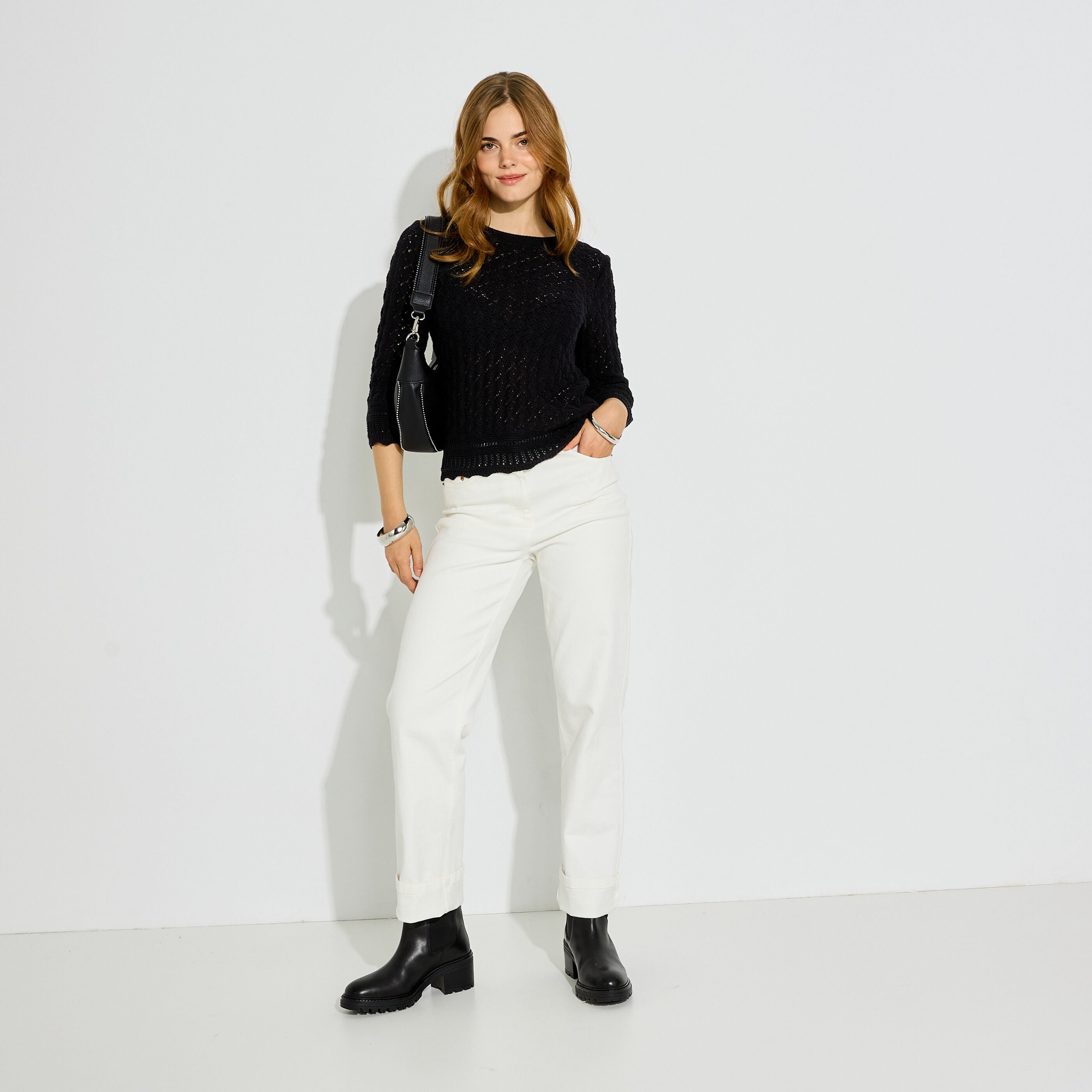Pull col rond ajour&eacute; femme