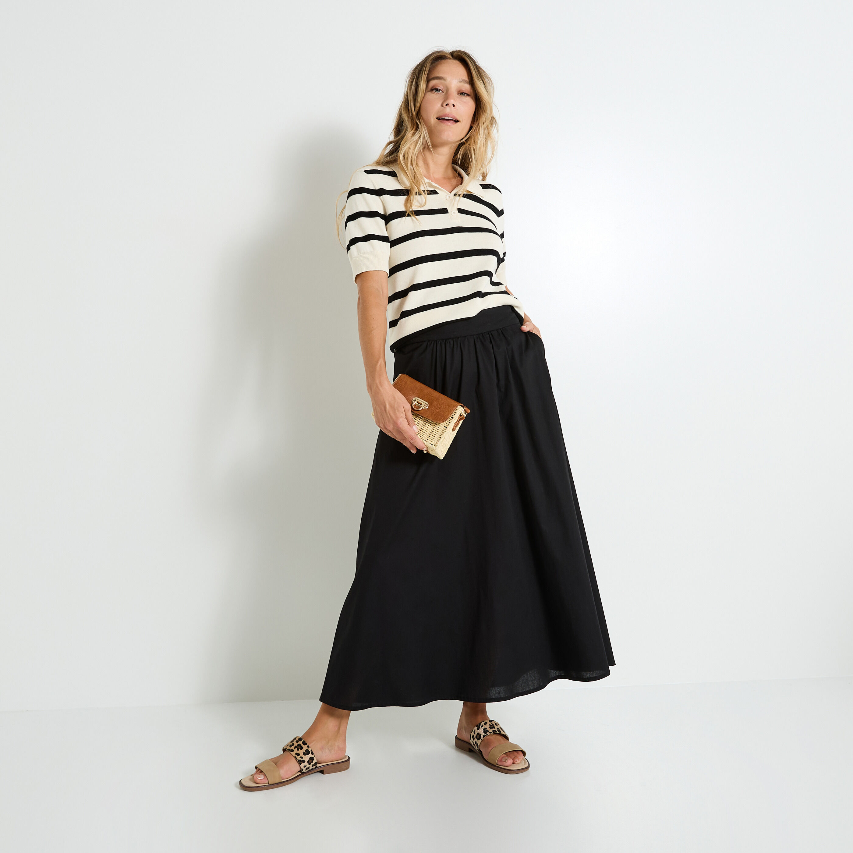 Jupe longue en popeline unie