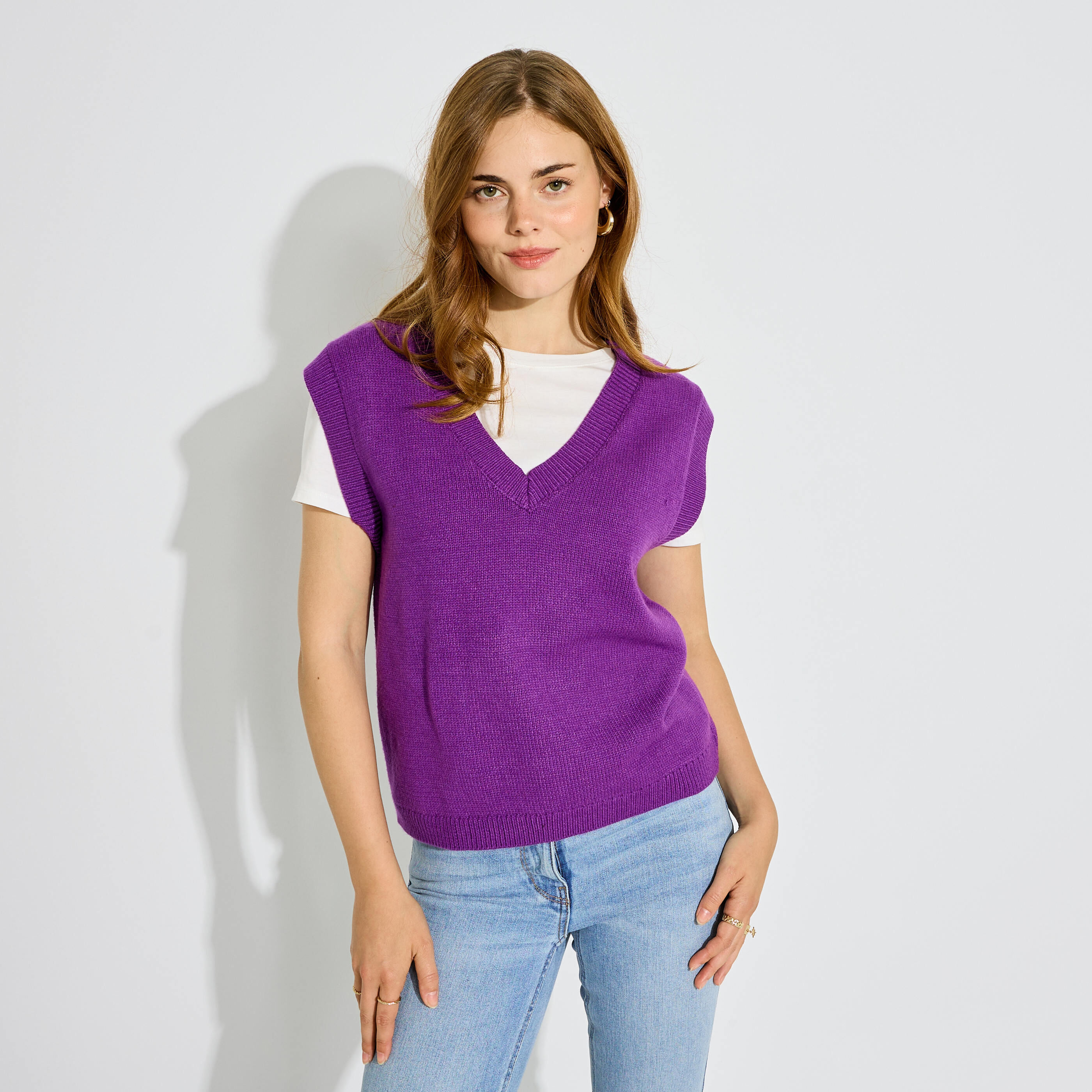 Pull sans manches col V femme