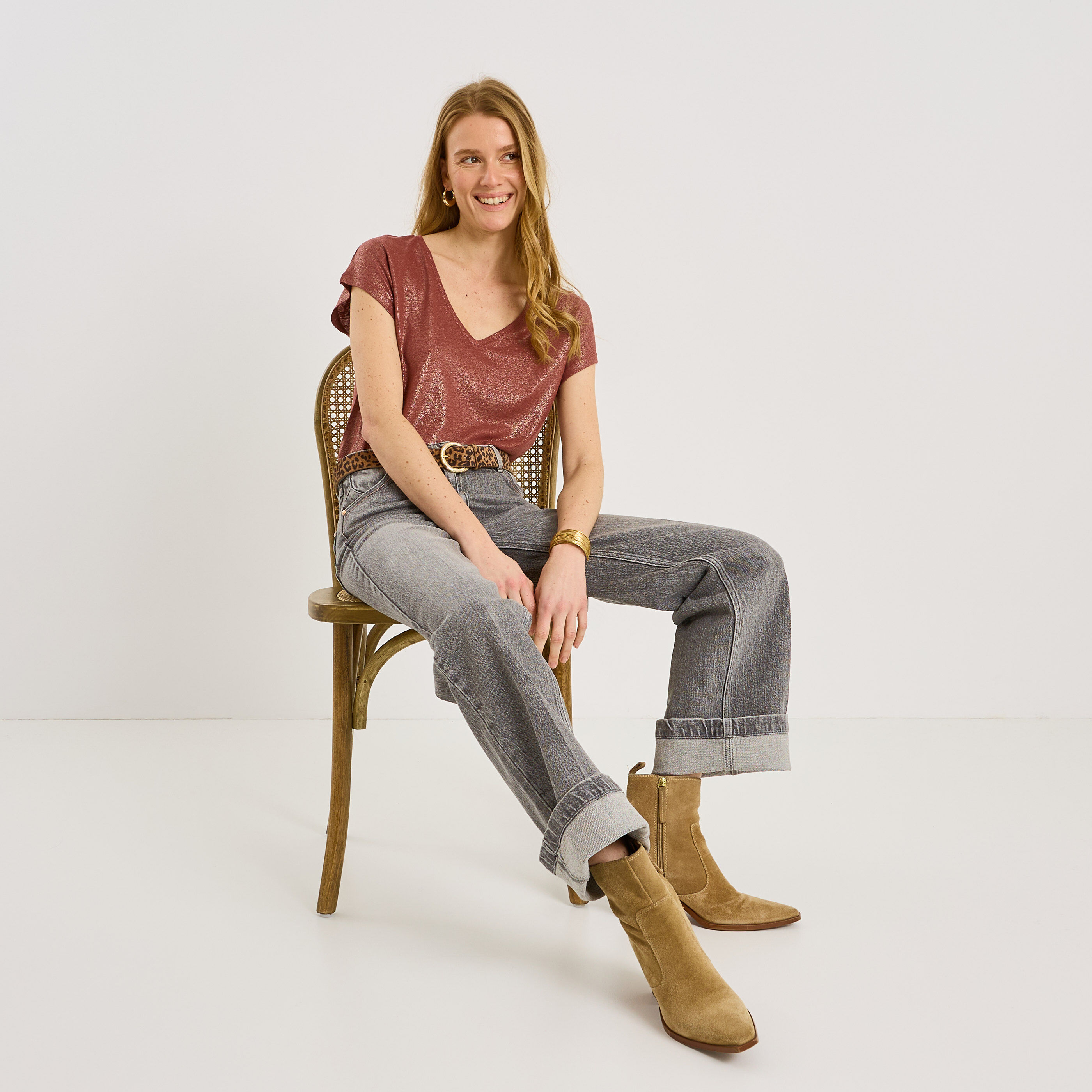 T-shirt en lin m&eacute;lang&eacute; brillant femme