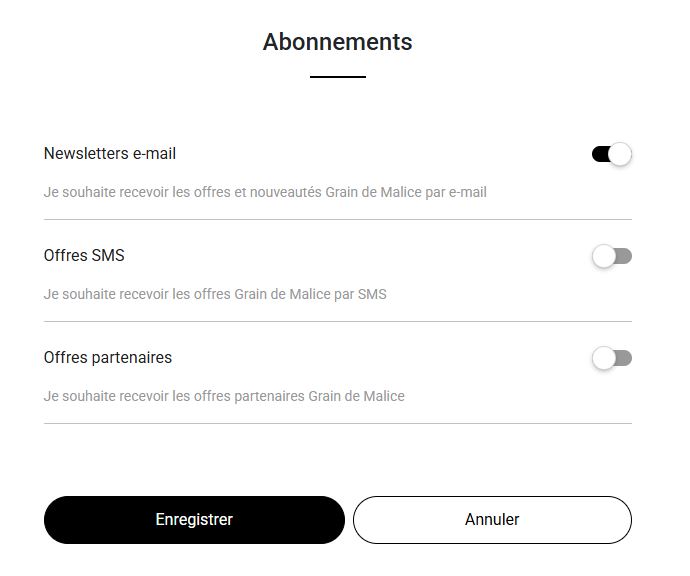 Page Abonnements du compte client