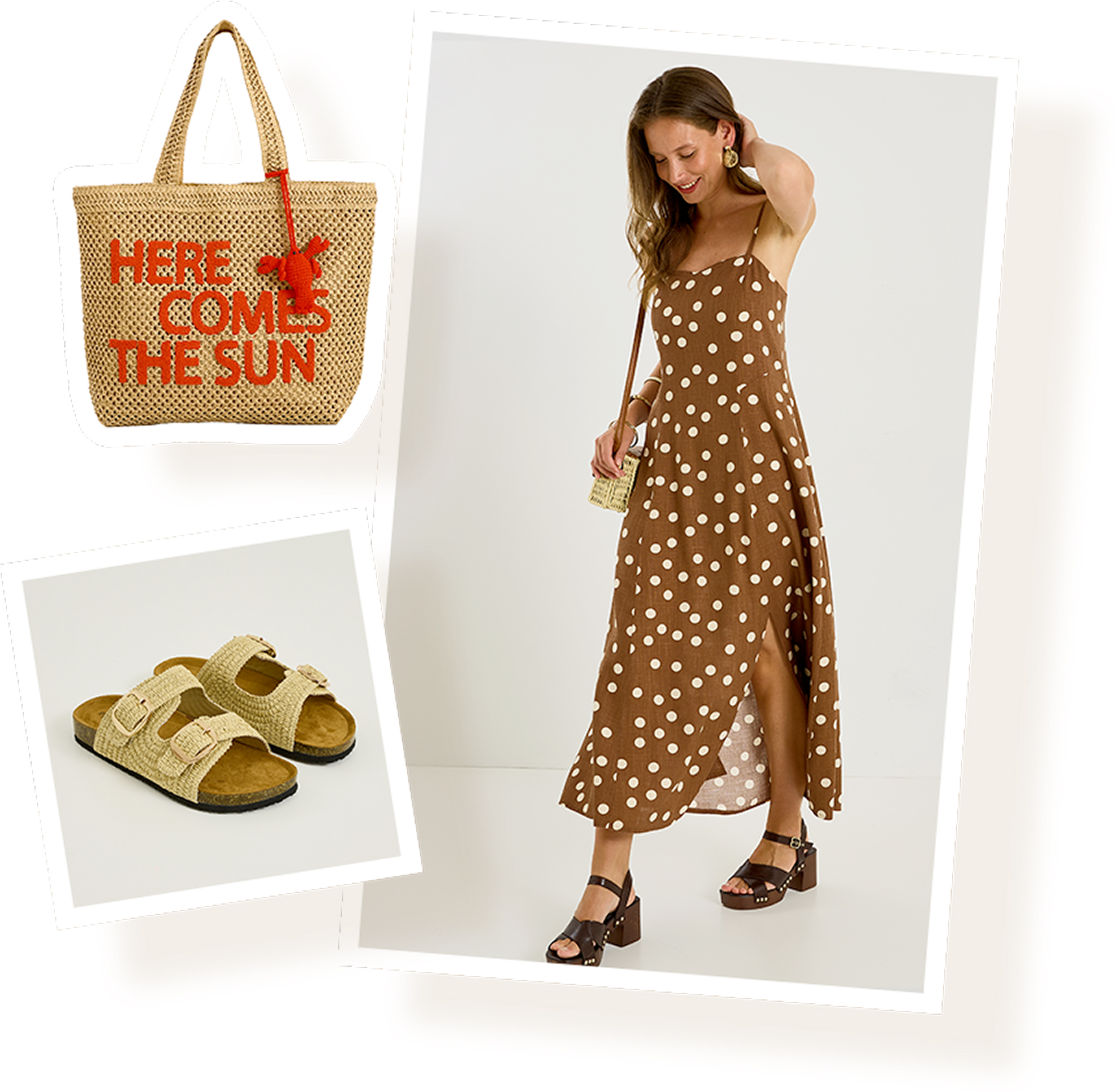 Look composé d'une robe longue imprimé pois, de jolies mules et d'un sac en paille tressée