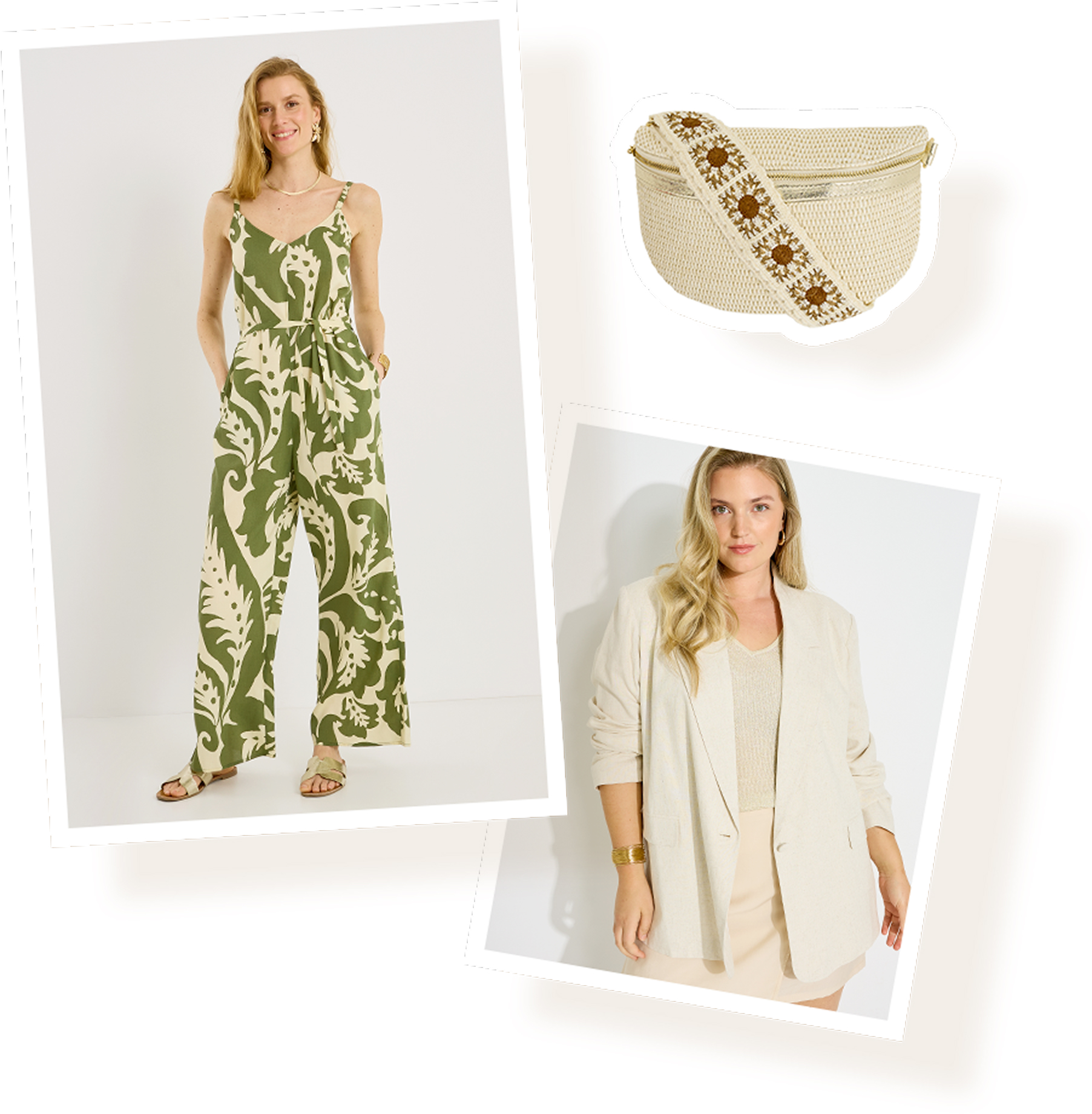 Look composé d'une combinaison-pantalon fluide, d'un blazer oversize
                        et d'un sac banane ultra-tendance
