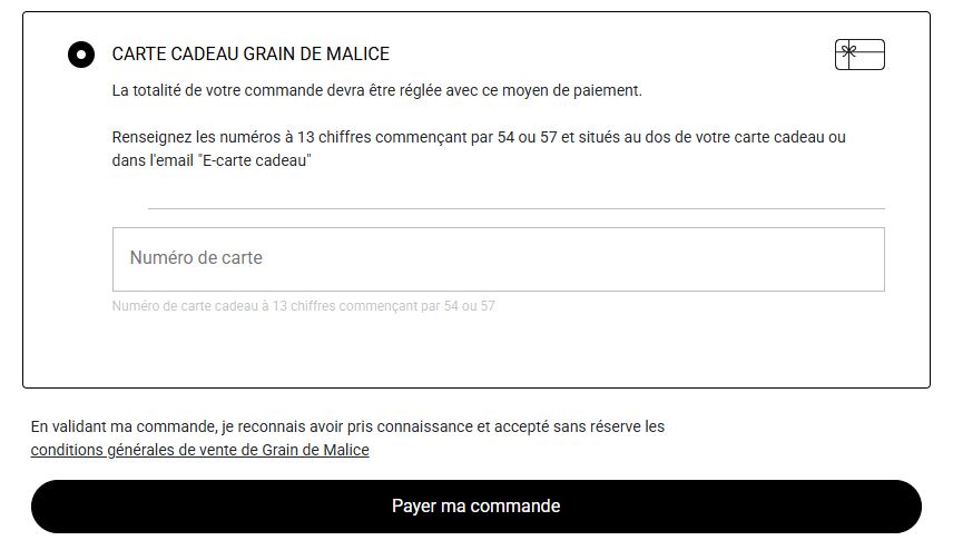 Mode de paiement Carte cadeau dans la page paiement